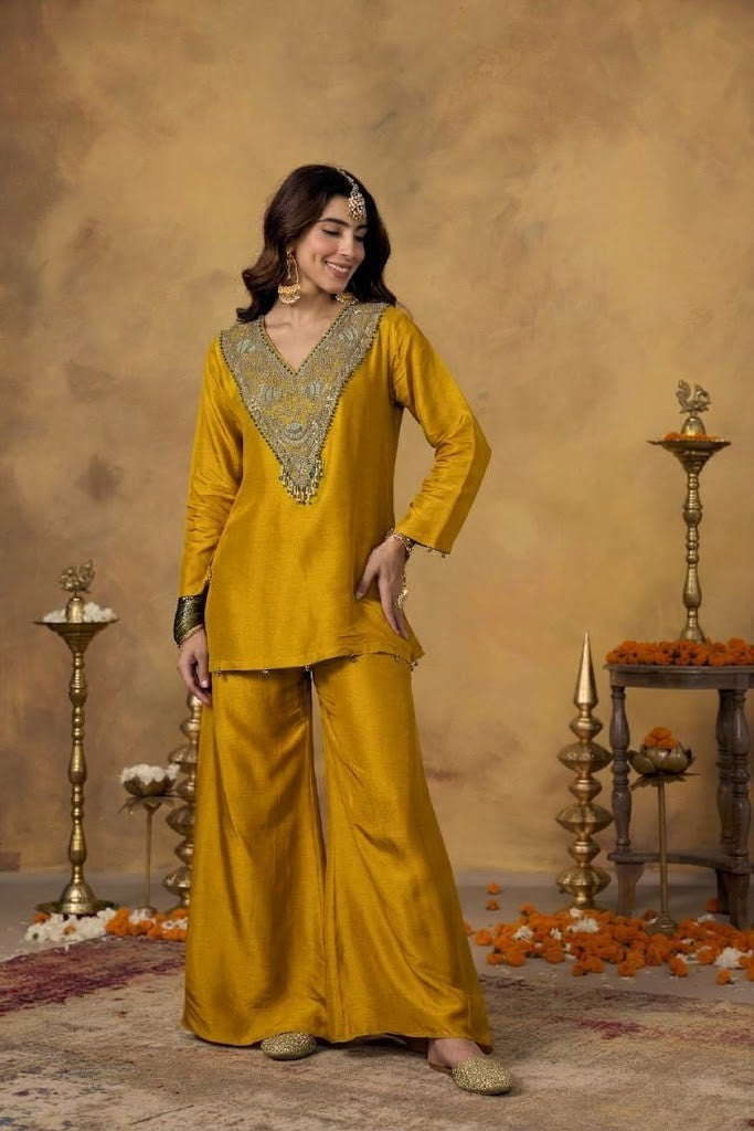 Mustard Yellow Embellished Raw Silk Palazzo Set