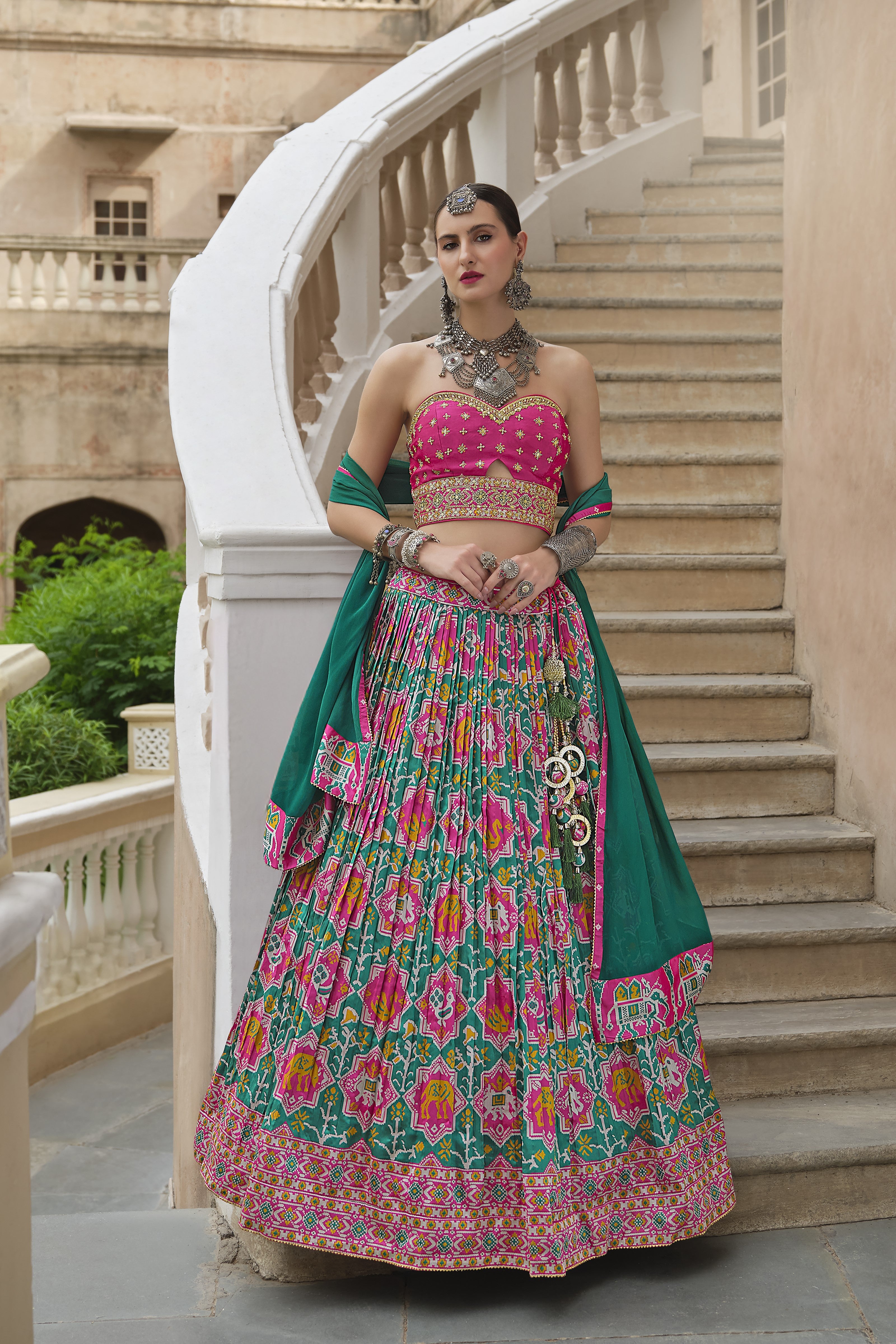 Pink Ethnic Printed Premium Silk Lehenga Set