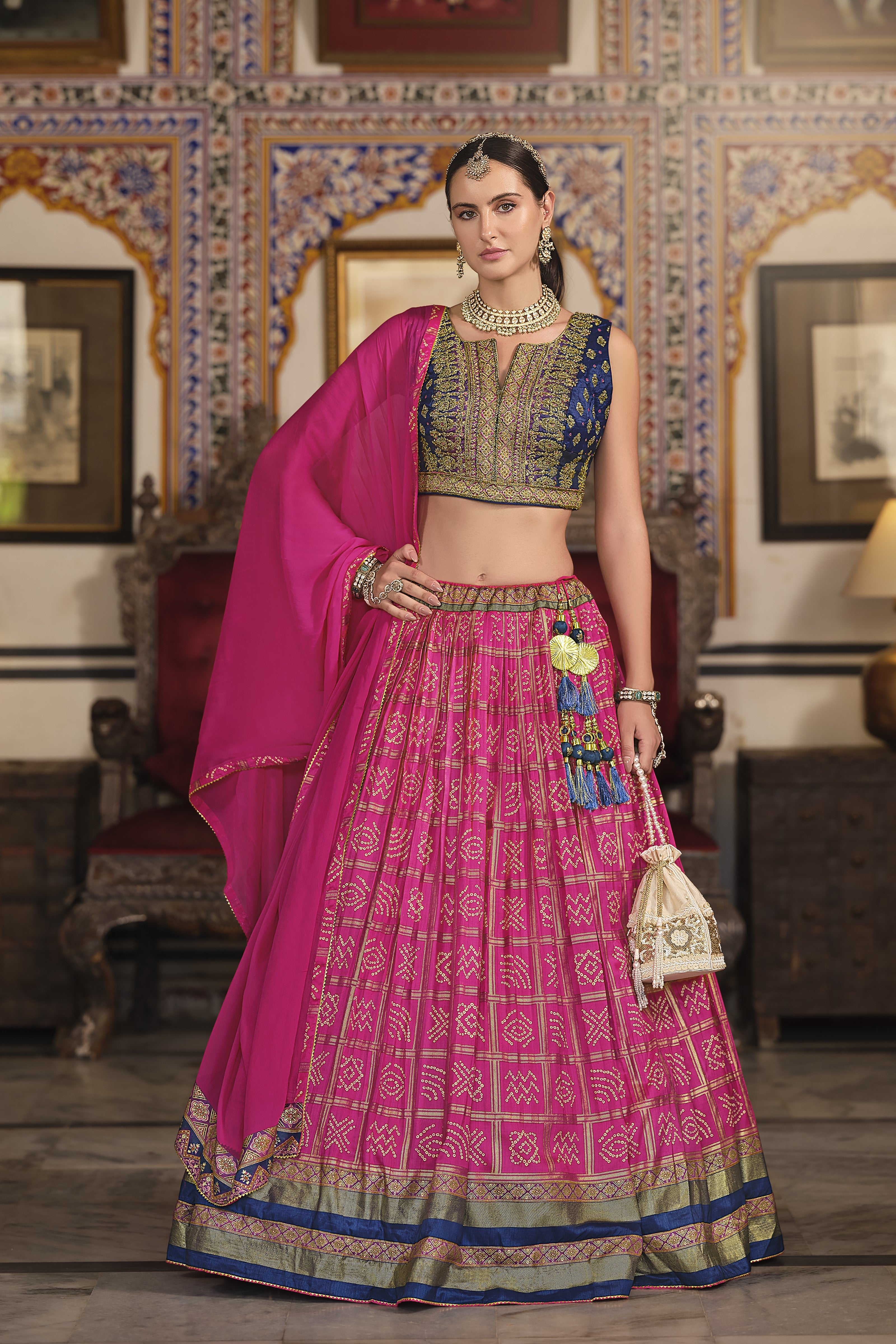 Pink Bandhani Printed Premium Silk Lehenga Set