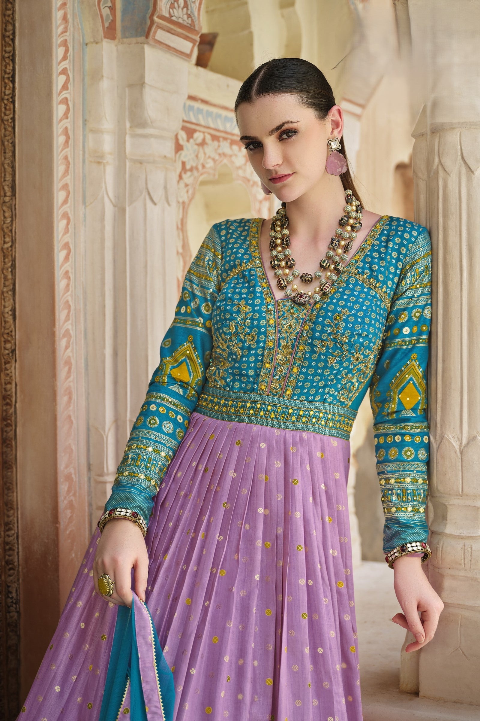 Teal Embellished Premium Silk Anarkali Set