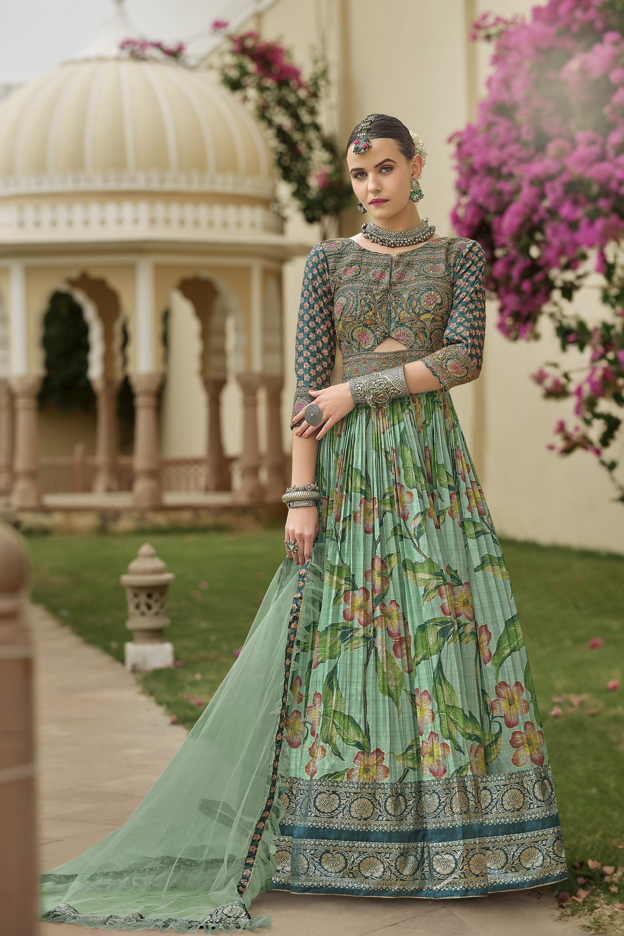 Pastel Green Floral Printed Premium Silk Anarkali Set