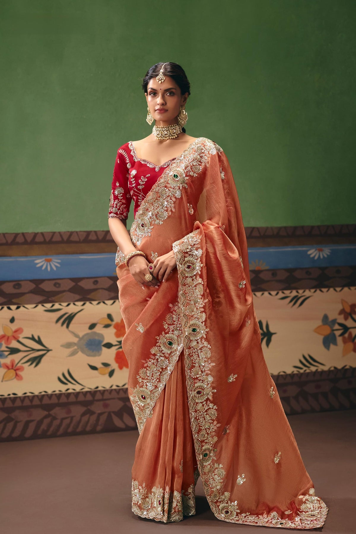 Metallic Peach Embellished Tissue Organza Silk Saree