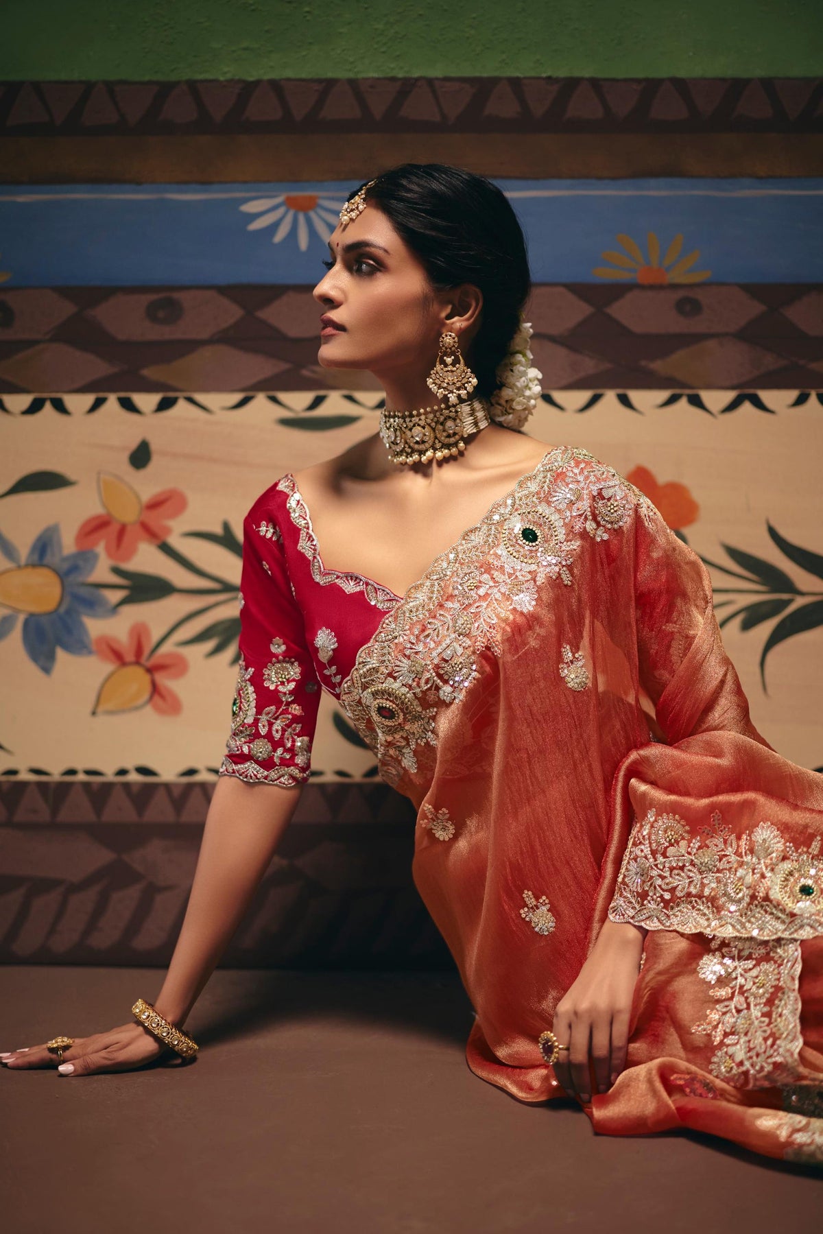 Metallic Peach Embellished Tissue Organza Silk Saree