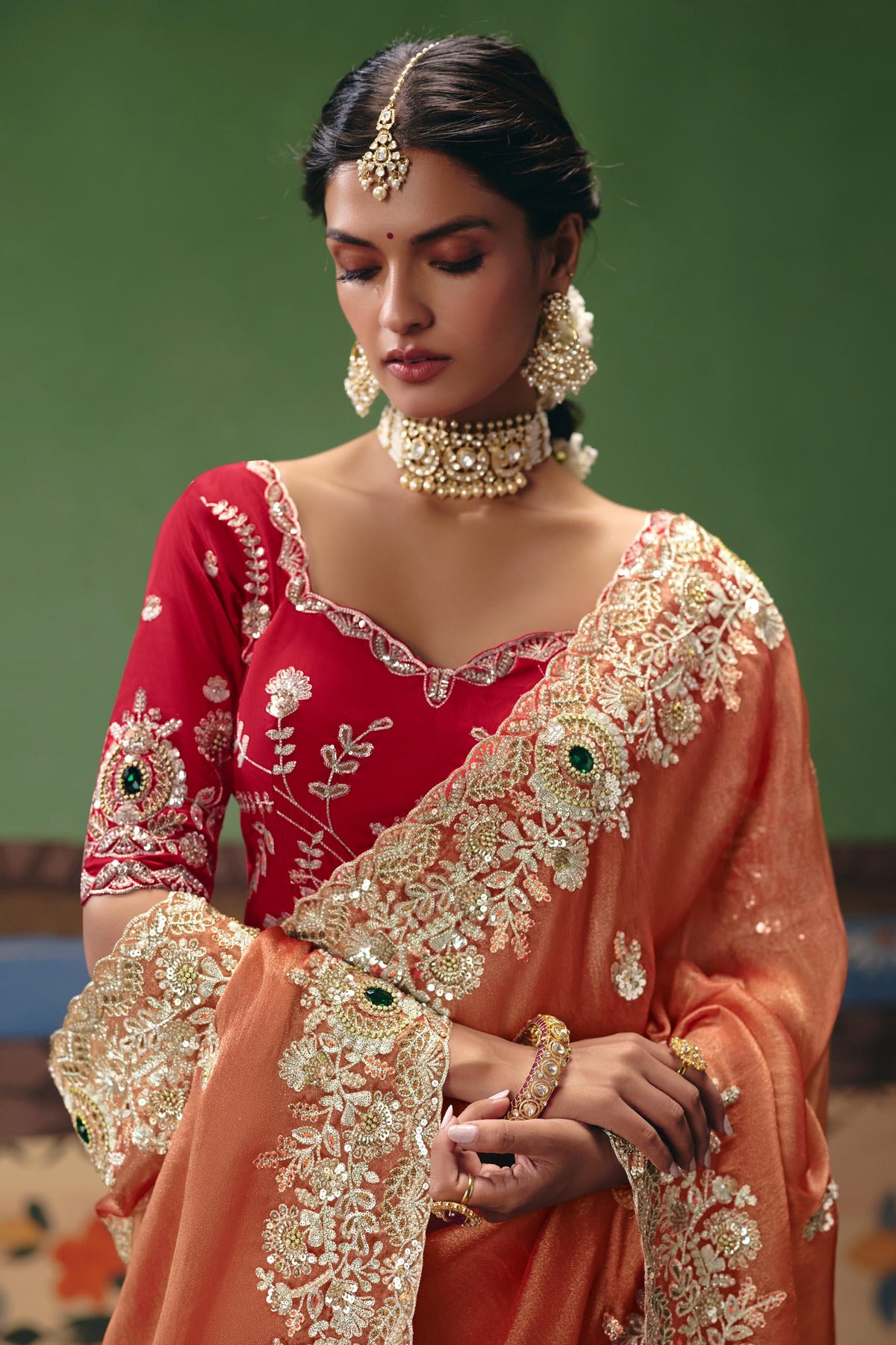 Metallic Peach Embellished Tissue Organza Silk Saree