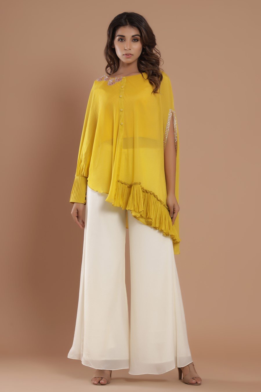 Georgette Crepe Golden Yellow Embroidery Kurta With Flair Pant