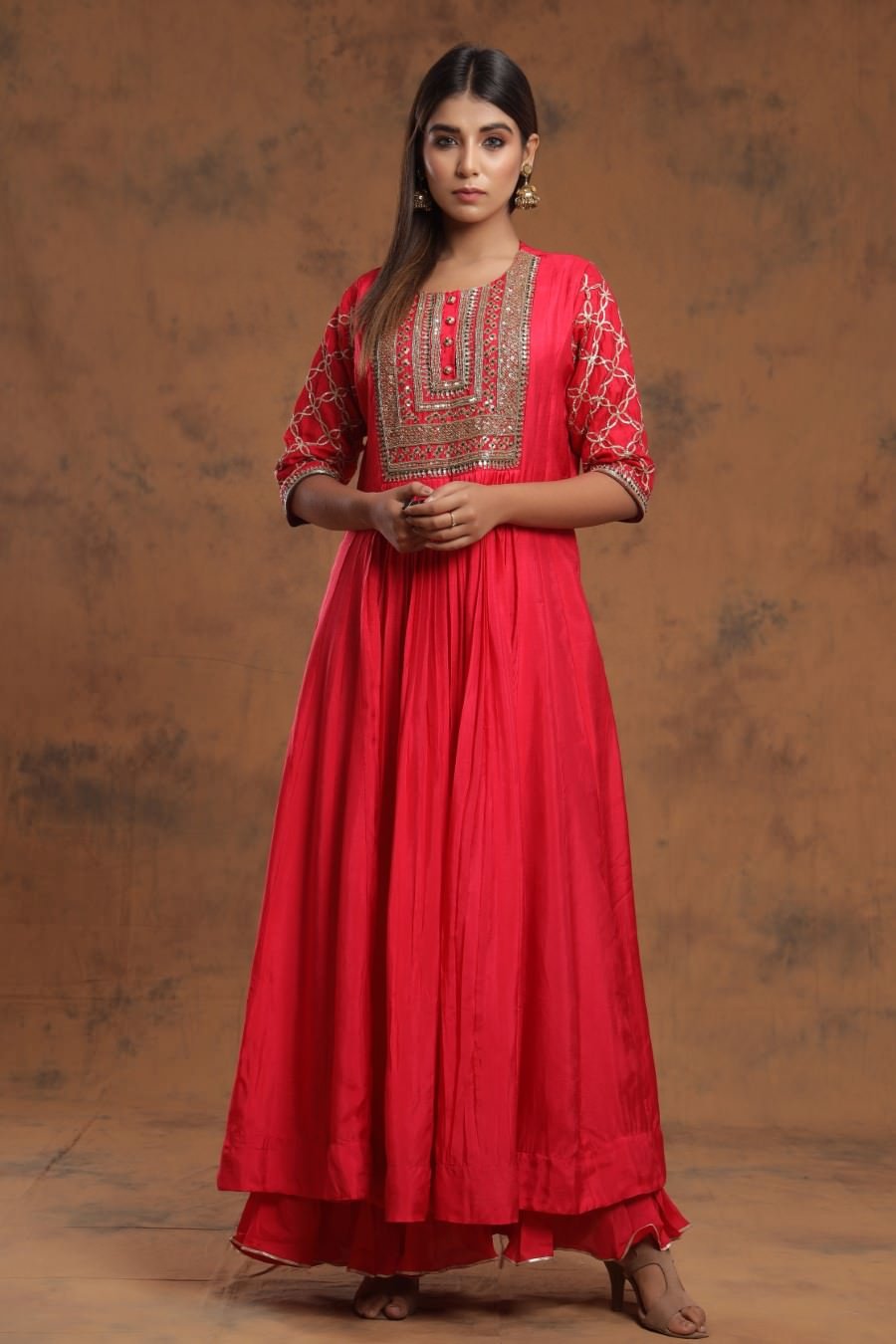 Red Chanderi Silk Kalidar Kurti With Embroidery