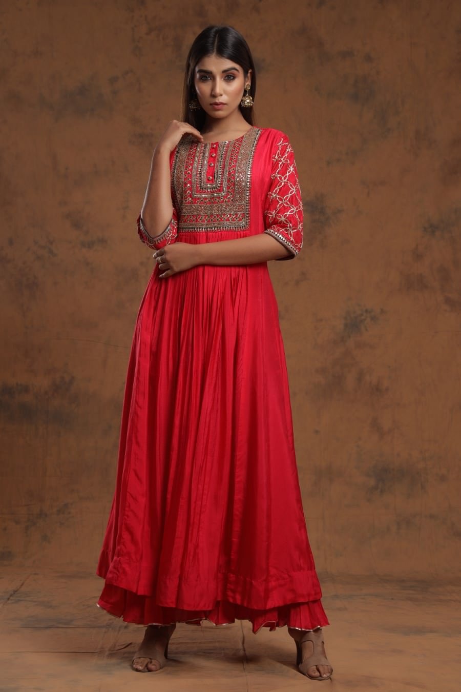 Red Chanderi Silk Kalidar Kurti With Embroidery