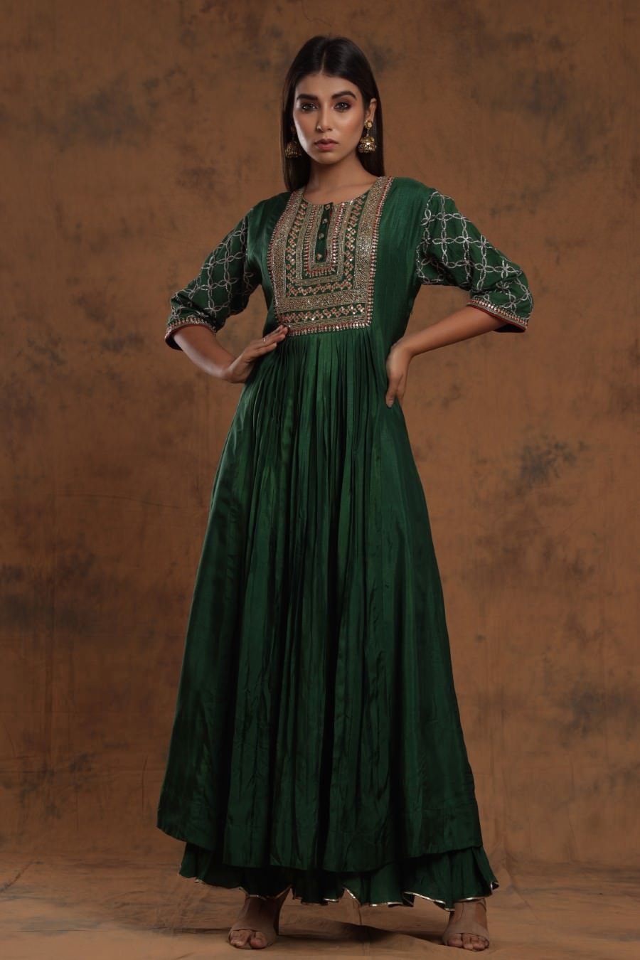 Bottle Green Chanderi Silk Anarkali