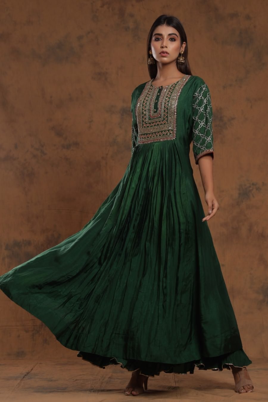 Bottle Green Chanderi Silk Anarkali