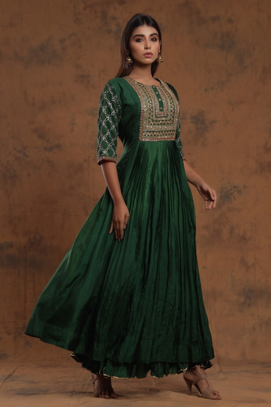 Bottle Green Chanderi Silk Anarkali