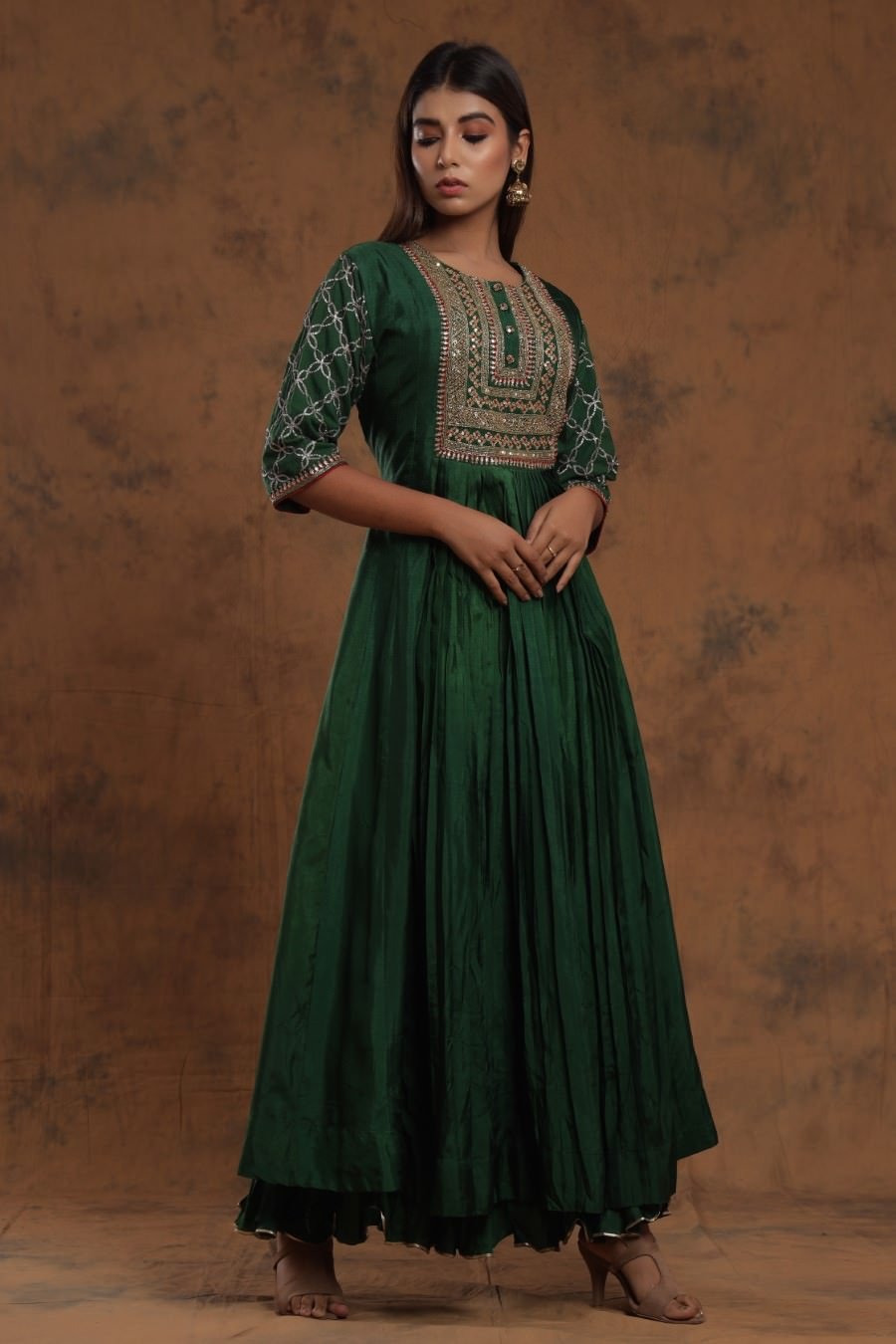 Bottle Green Chanderi Silk Anarkali