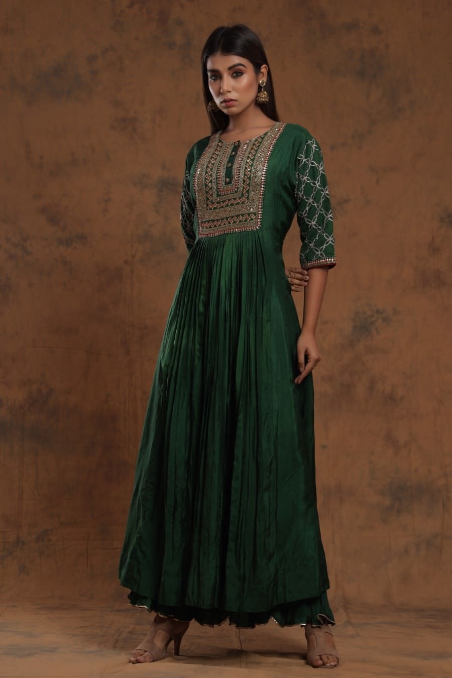 Bottle Green Chanderi Silk Anarkali