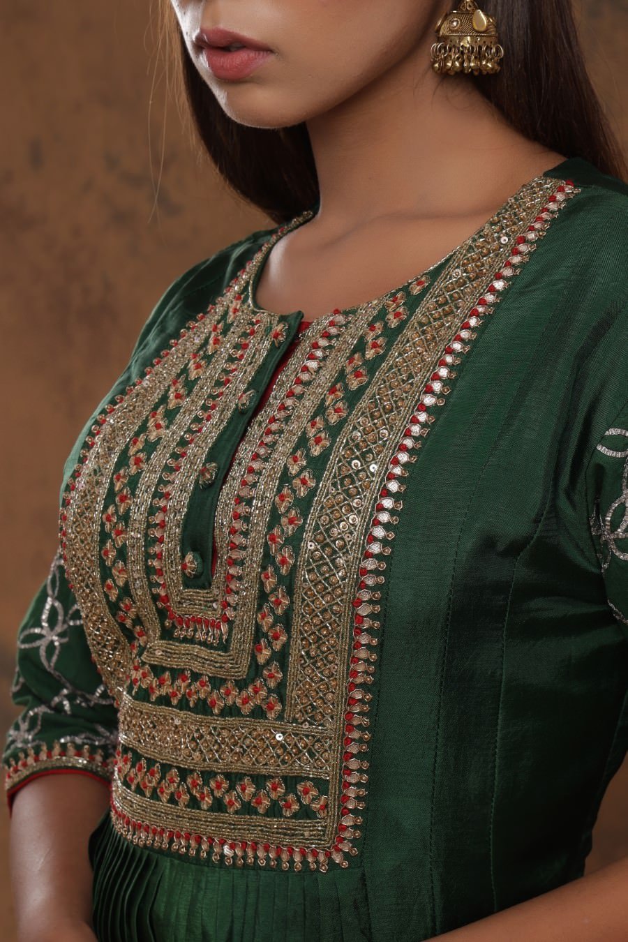 Bottle Green Chanderi Silk Kalidar Kurti With EmbroideryCrepe Silk Digital Print Western Top