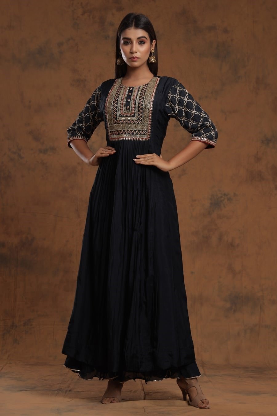 Navy Blue Chanderi Silk Kalidar Kurti With Embroidery