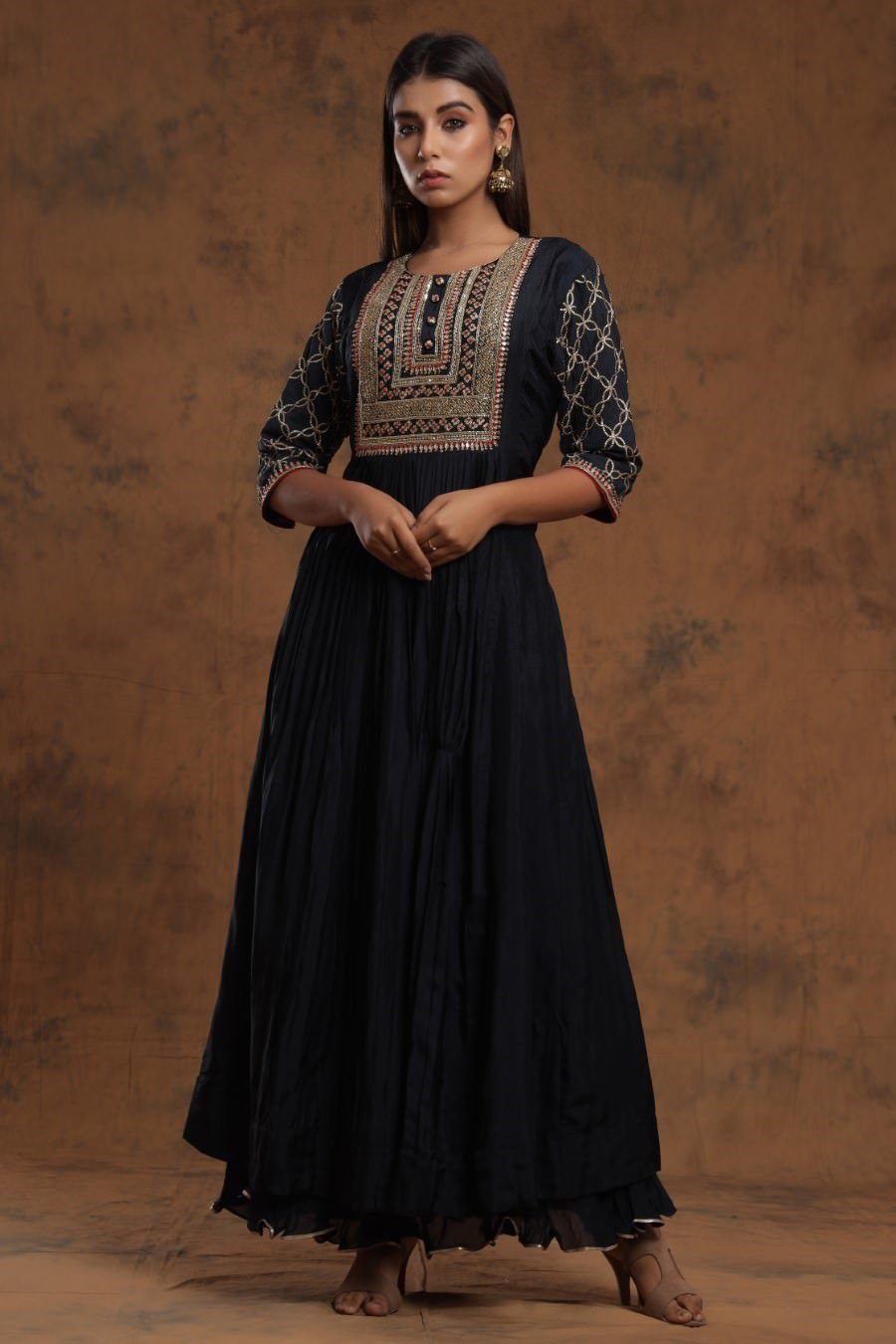 Navy Blue Chanderi Silk Kalidar Kurti With Embroidery