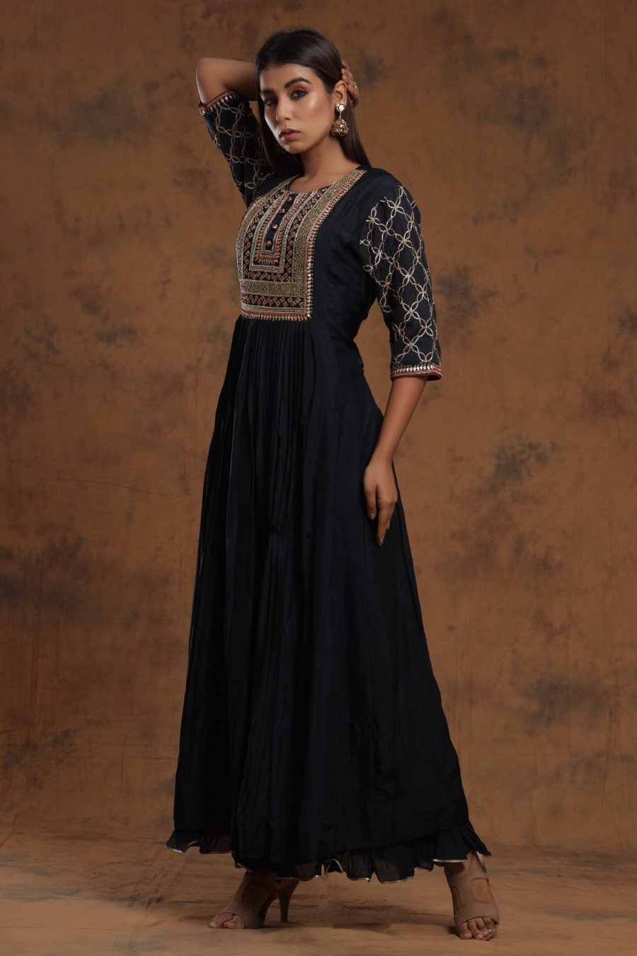 Black Chanderi Silk Kalidar  Kurti With Embroidery