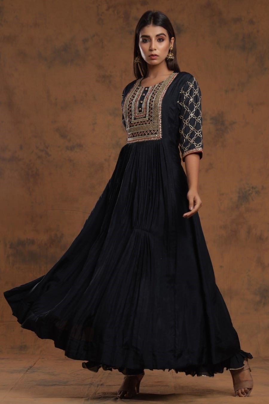 Navy Blue Chanderi Silk Kalidar Kurti With Embroidery