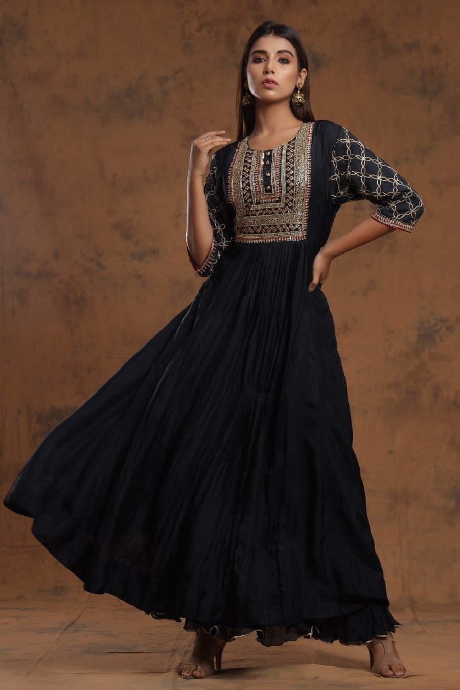 Navy Blue Chanderi Silk Kalidar Kurti With Embroidery