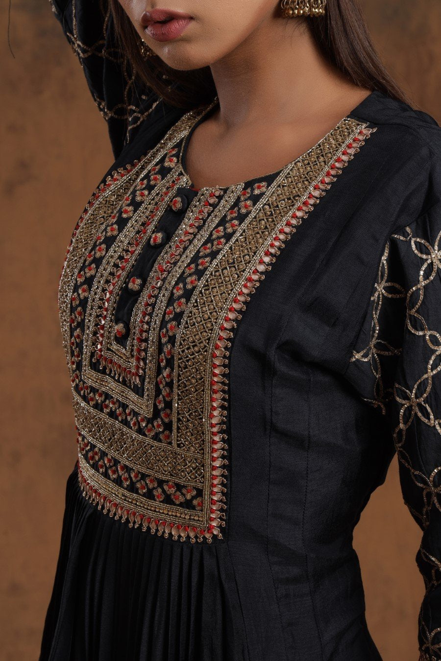 Black Chanderi Silk Kalidar  Kurti With Embroidery