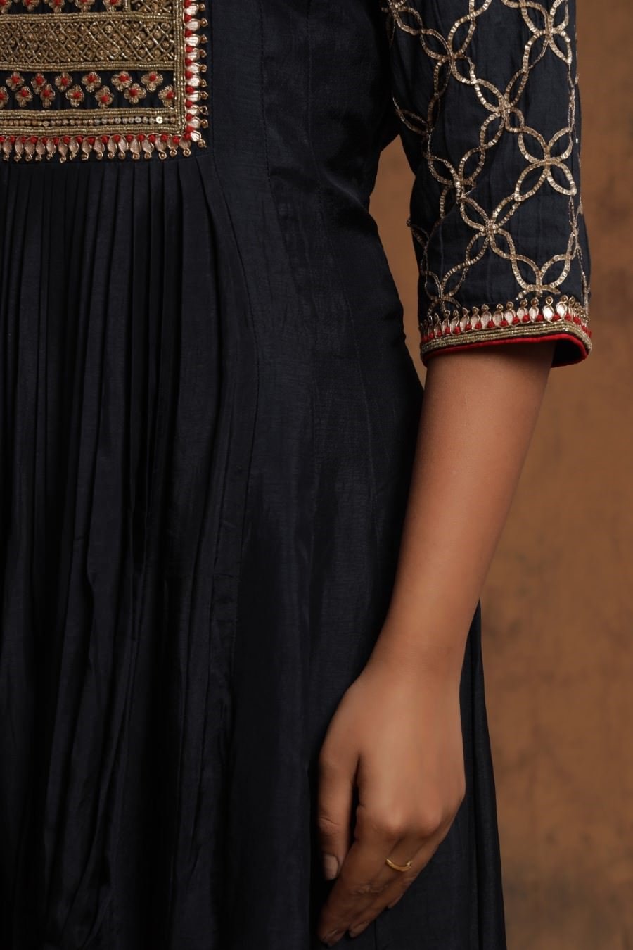 Navy Blue Chanderi Silk Kalidar Kurti With Embroidery