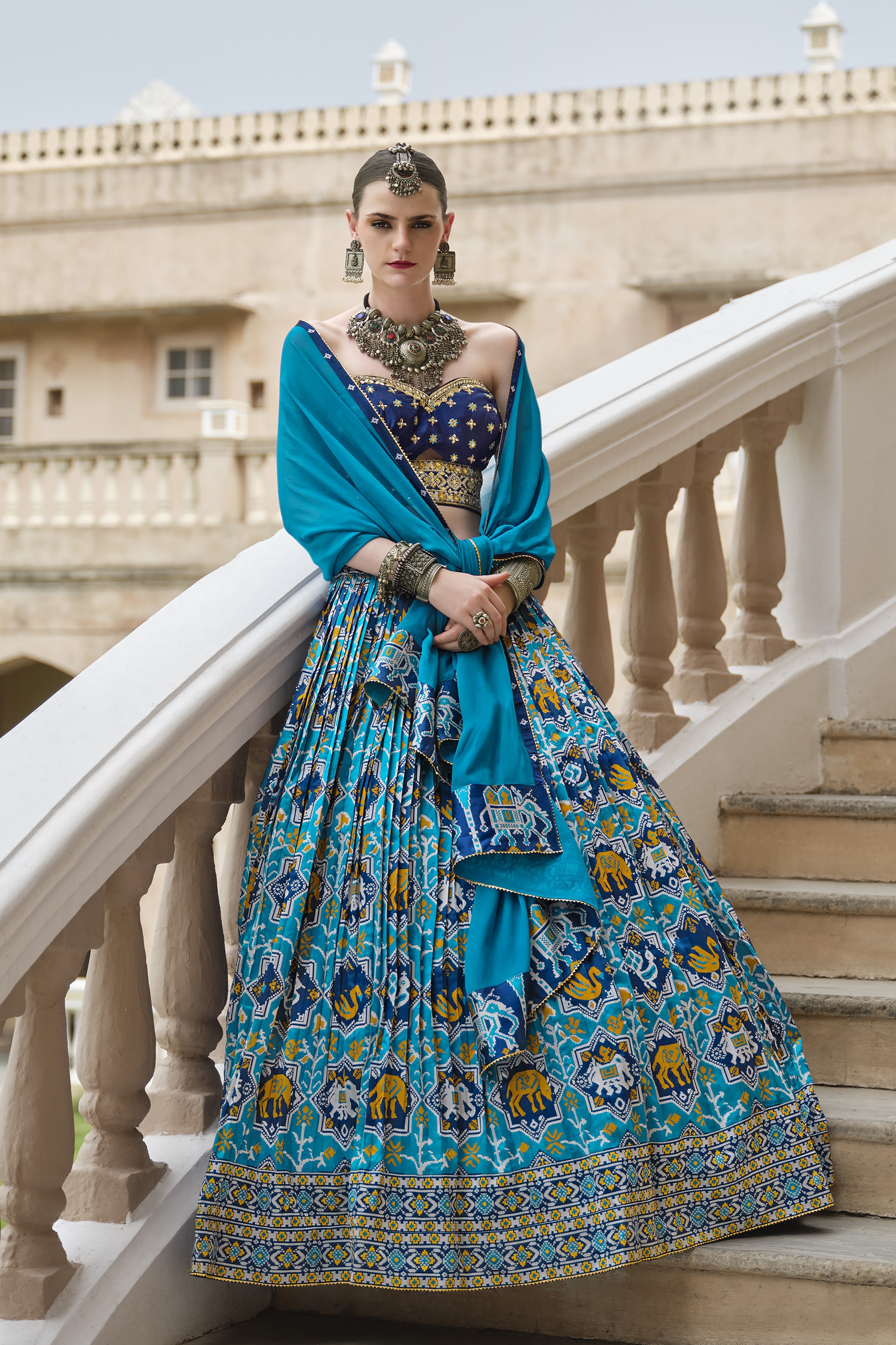 Sky Blue Ethnic Printed Premium Silk Lehenga Set