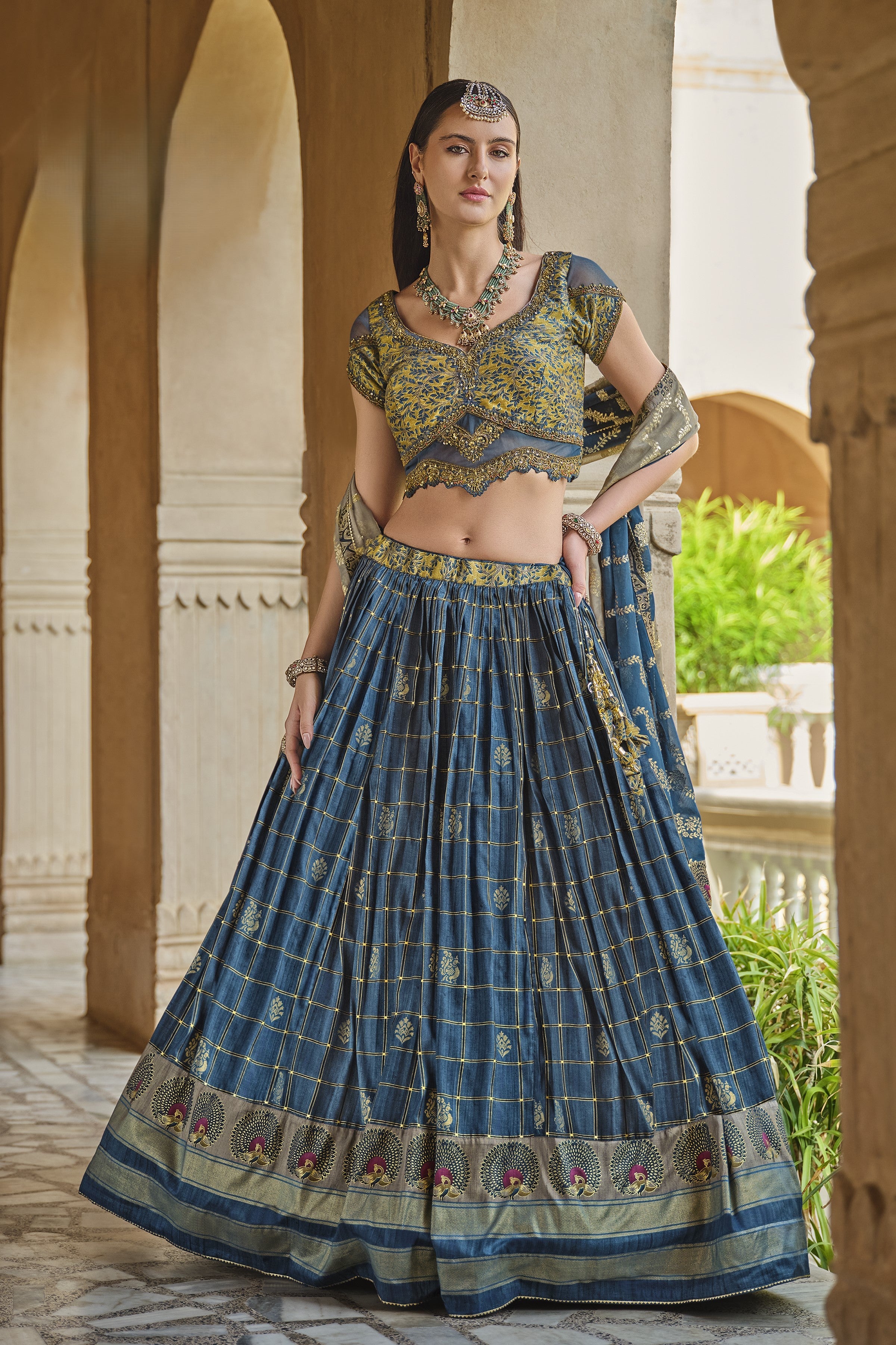 Teal Blue Ethnic Printed Premium Silk Lehenga Set