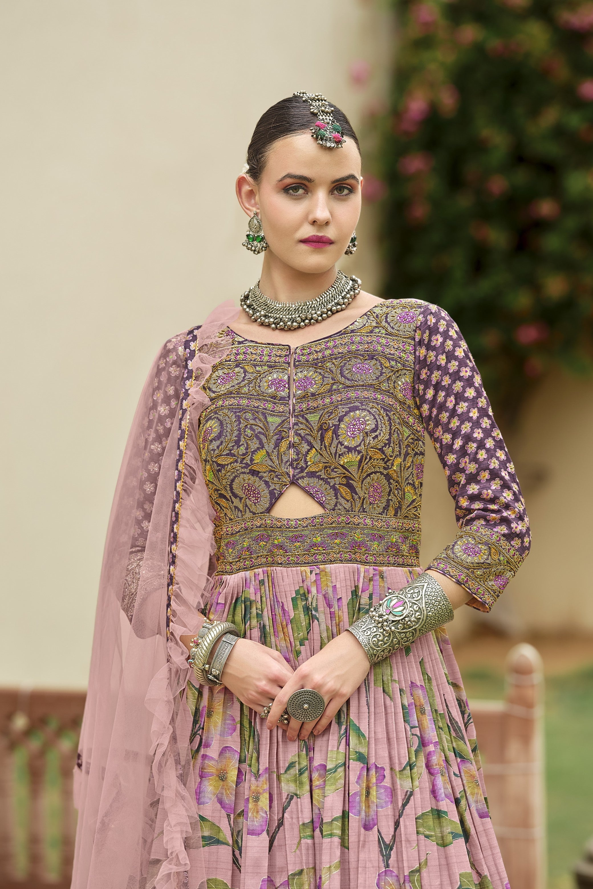 Pink Floral Printed Premium Silk Anarkali Set