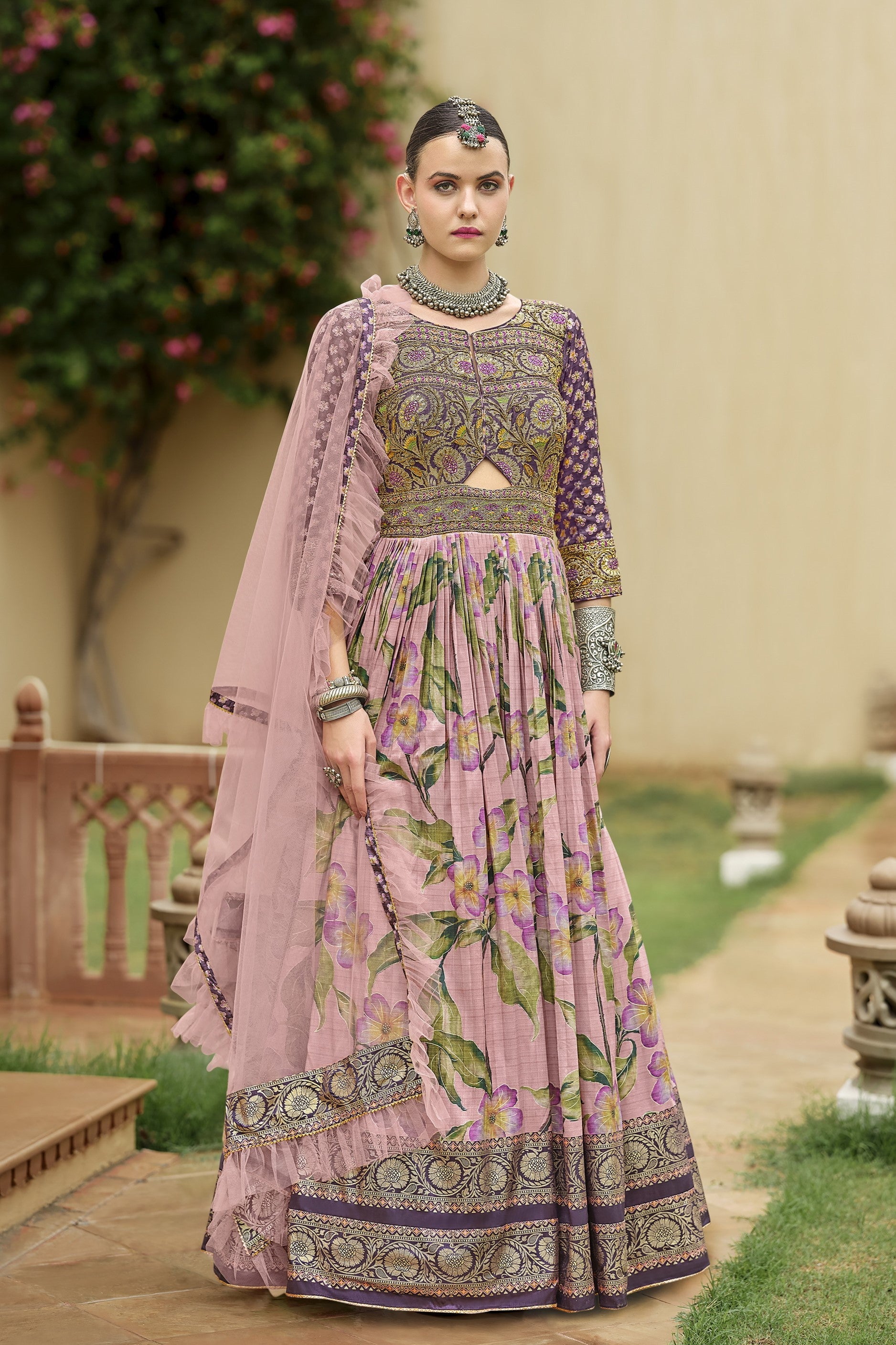 Pink Floral Printed Premium Silk Anarkali Set