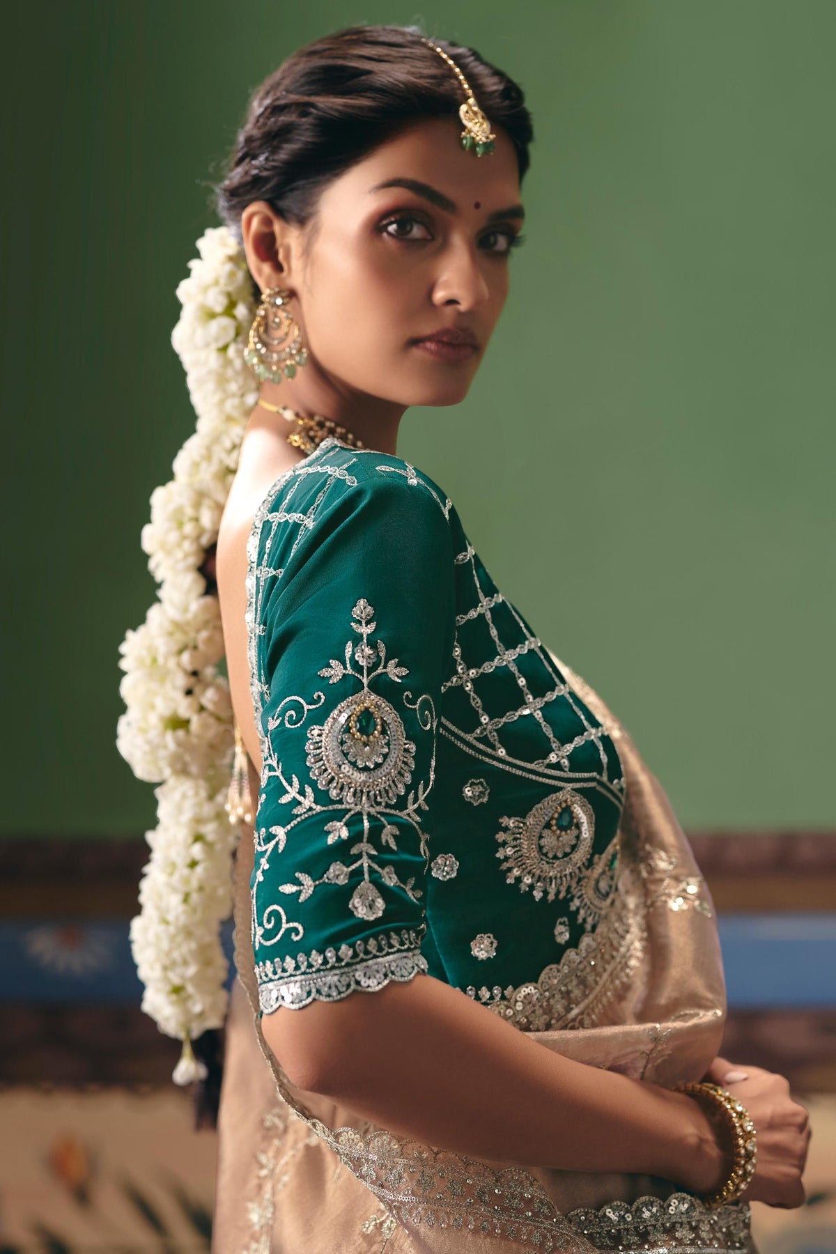 Champagne Teal Embellished Tissue Organza Silk Saree