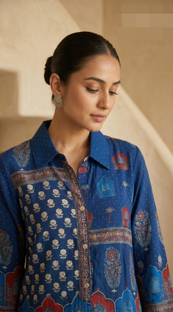Reya Indigo Printed Muslin Silk Co-Ord Set