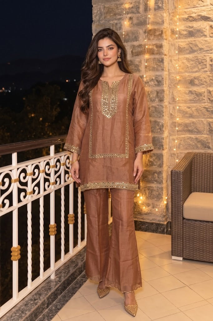 Dusty Rose Embellished Tissue Silk Palazzo Set