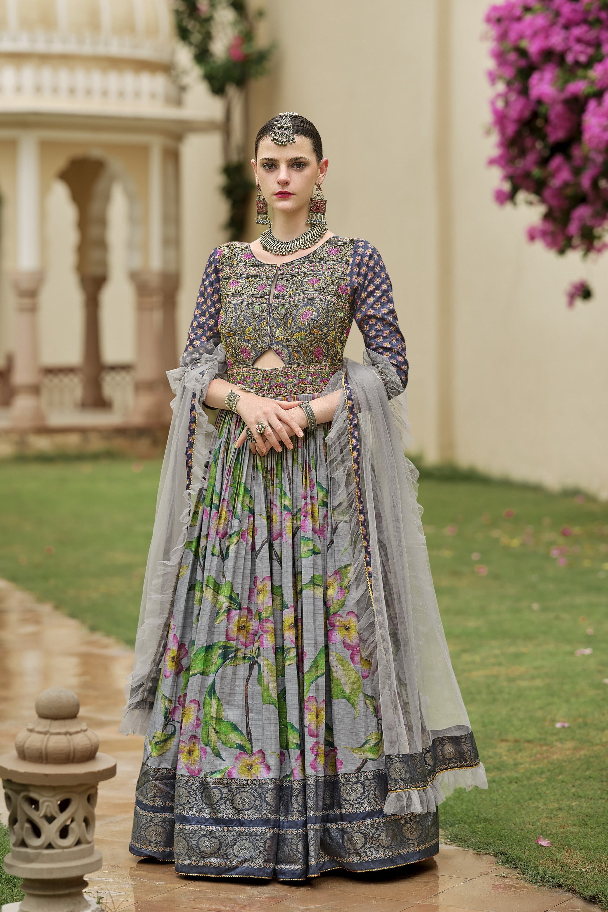 Grey Floral Printed Premium Silk Anarkali Set