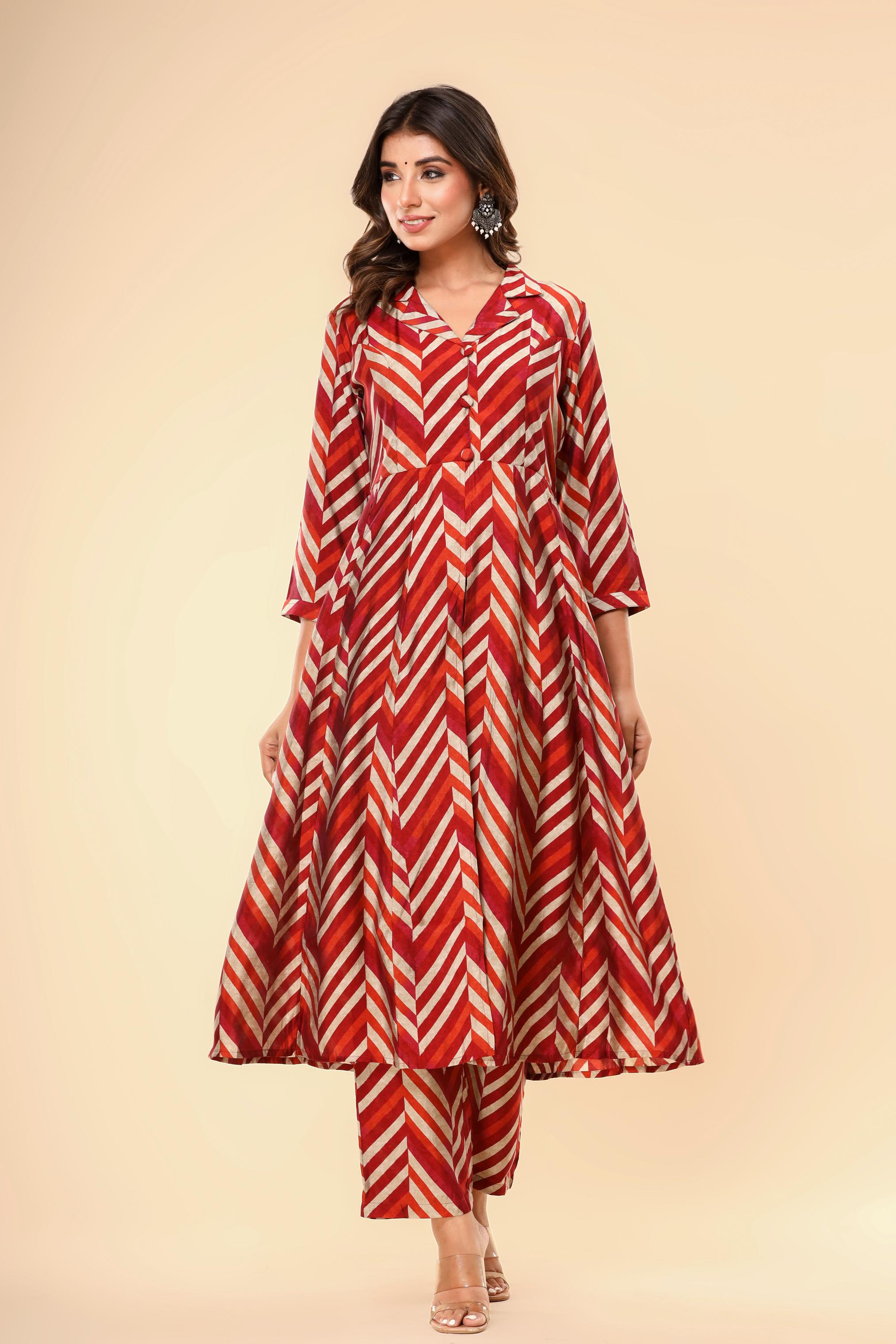 Red Printed Modal Silk Kurta & Pants Set