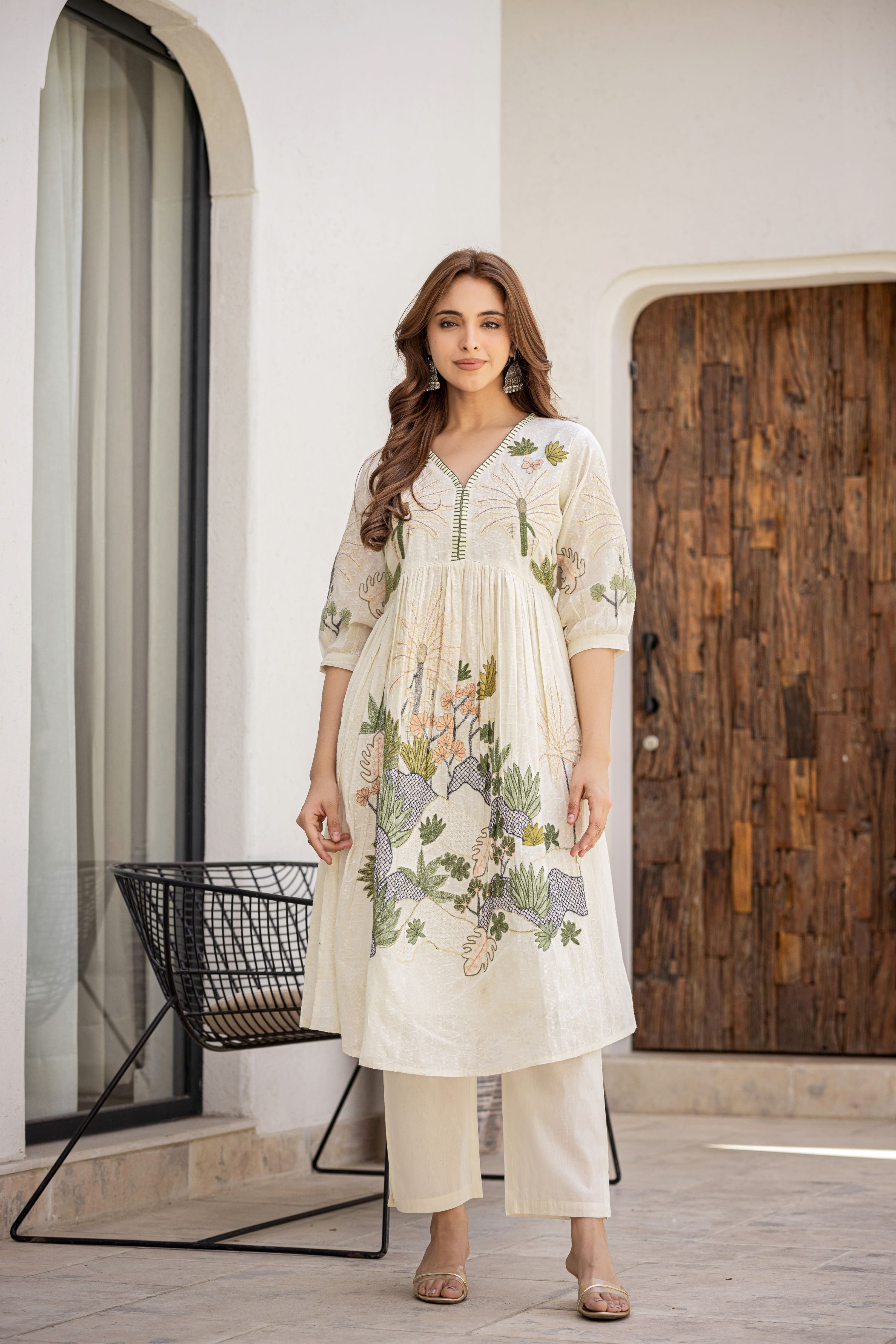 Pastel Cream Floral Embroidered Premium Cotton Anarkali Set