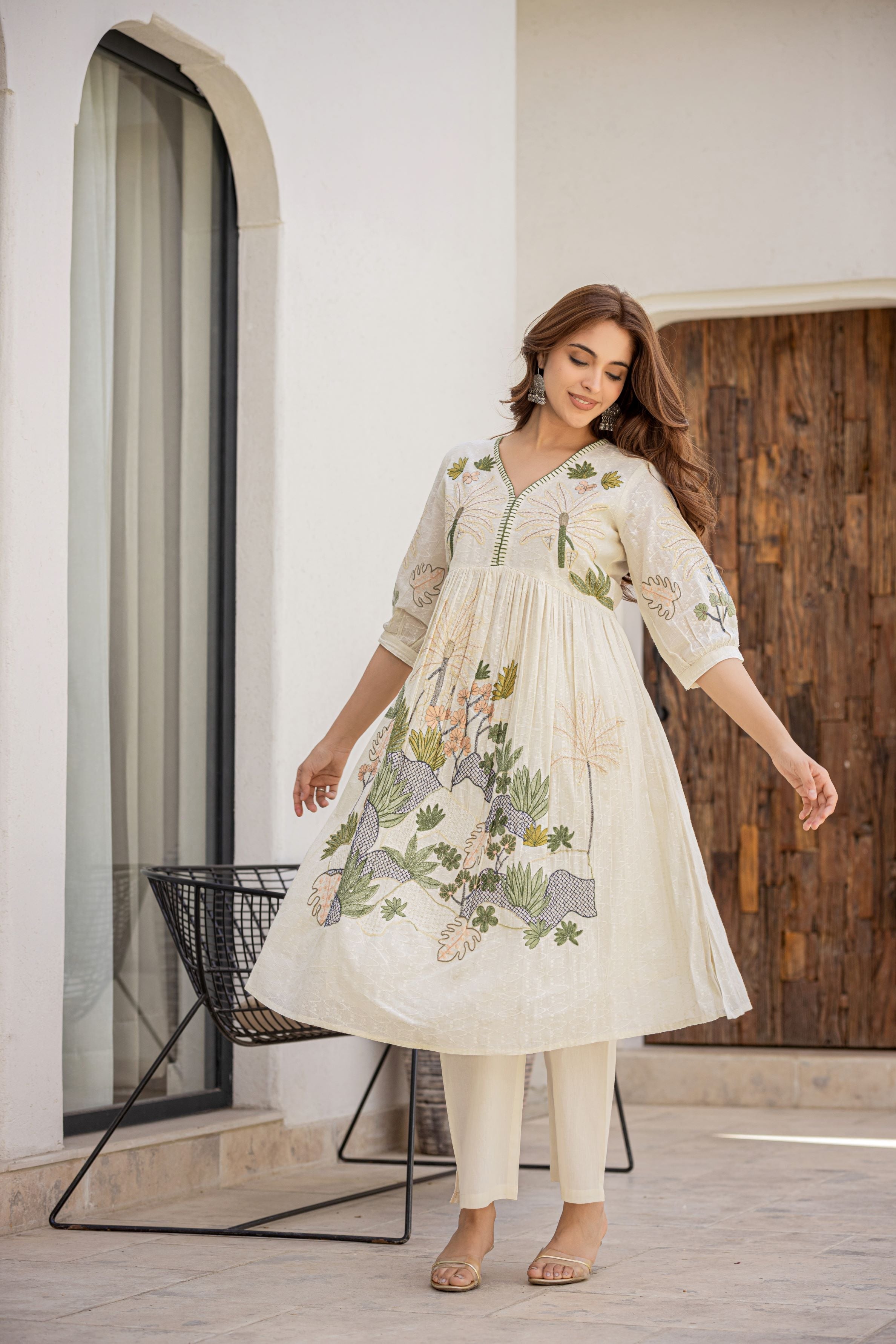 Pastel Cream Floral Embroidered Premium Cotton Anarkali Set