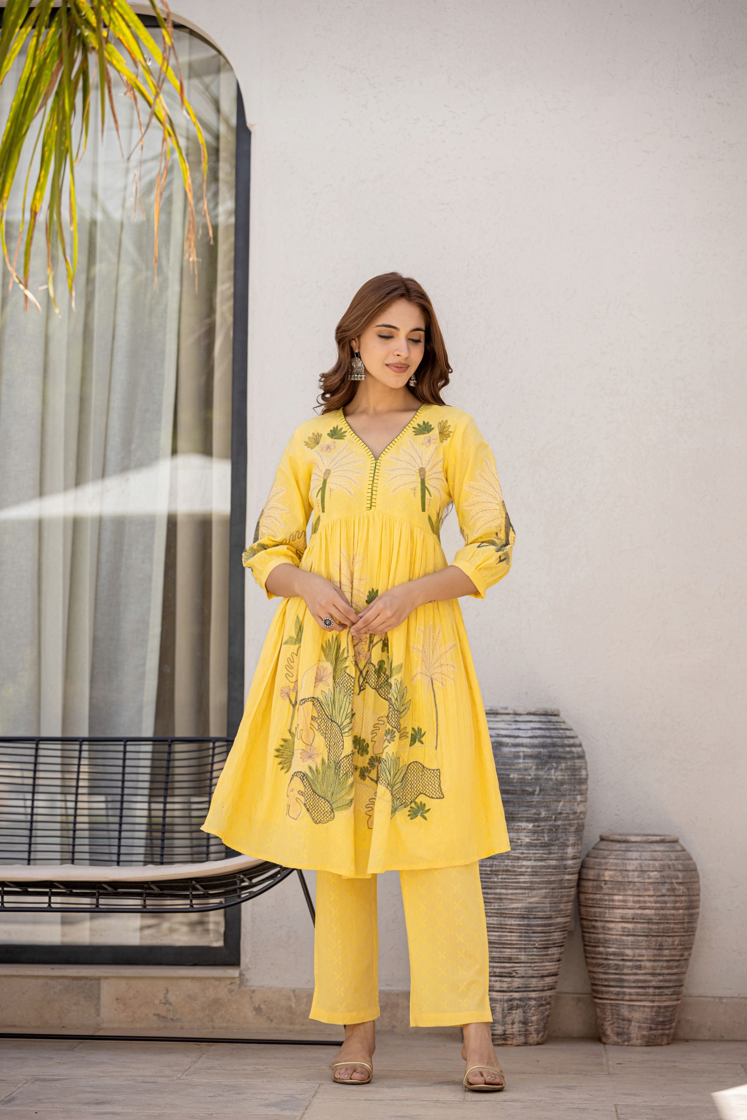 Bright Yellow Embroidered Spanish Cotton Co-Ord Set