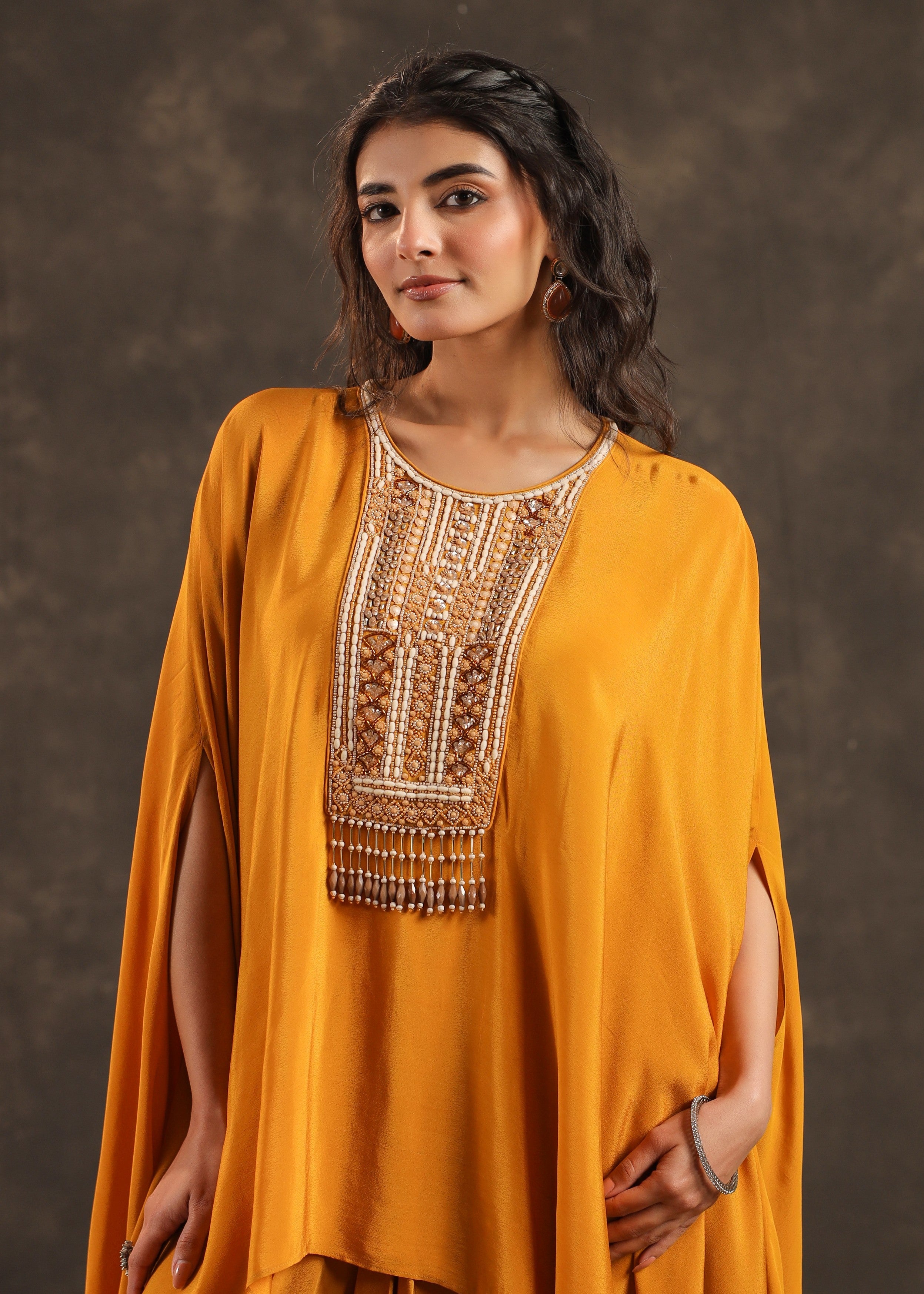 Saffron Embellished Crepe Silk Kaftan Set