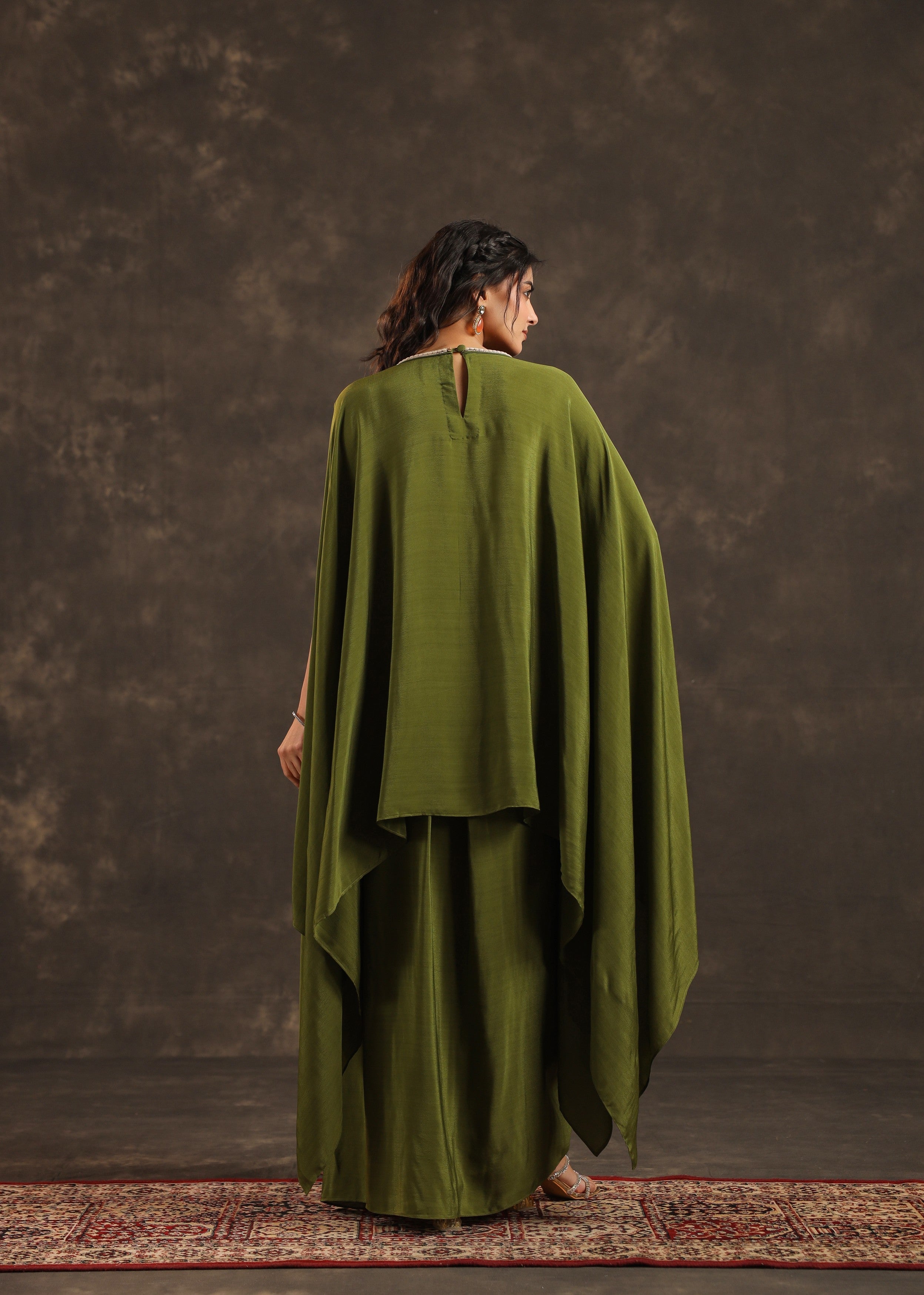 Olive Embellished Crepe Silk Kaftan Set