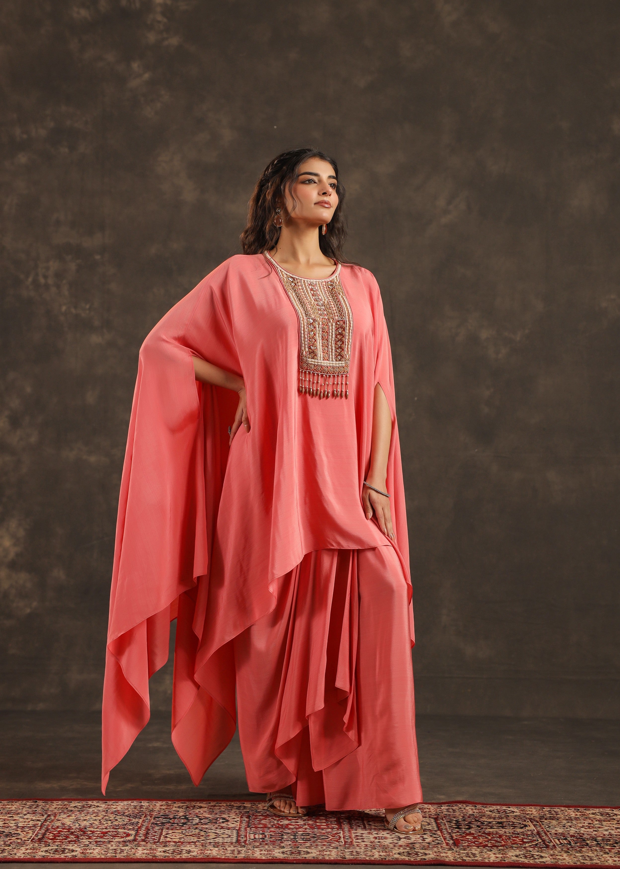 Blush Embellished Crepe Silk Kaftan Set