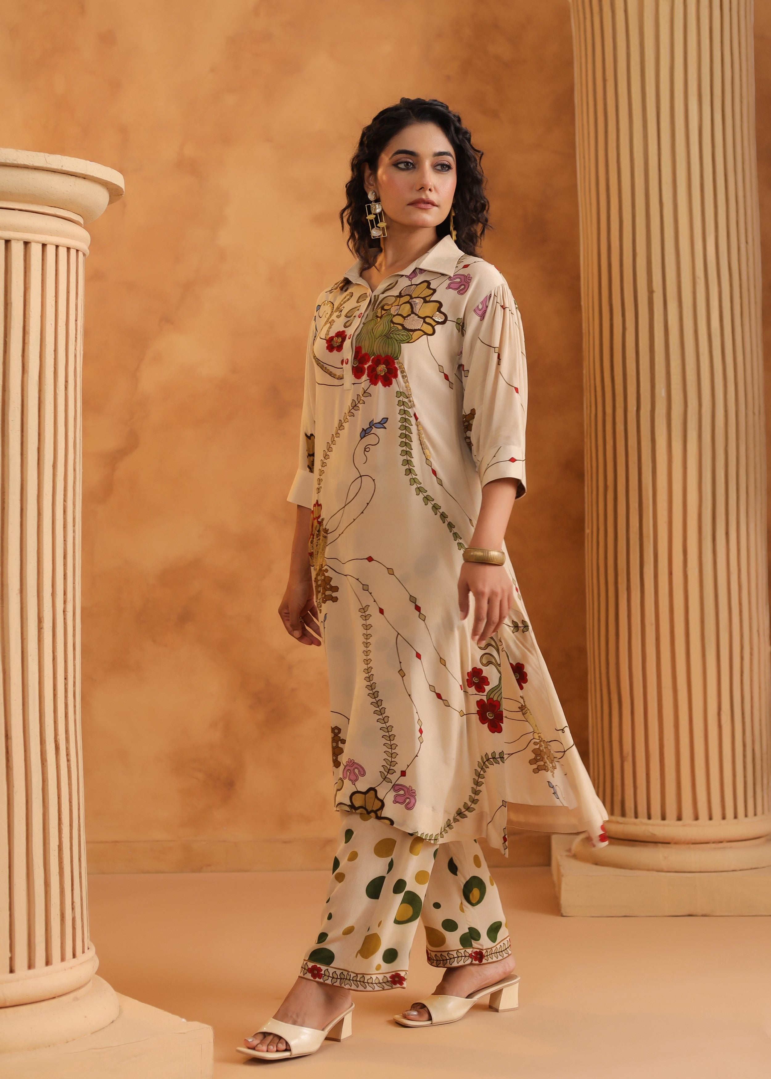 Beige Printed Viscose Crepe Kurta Set