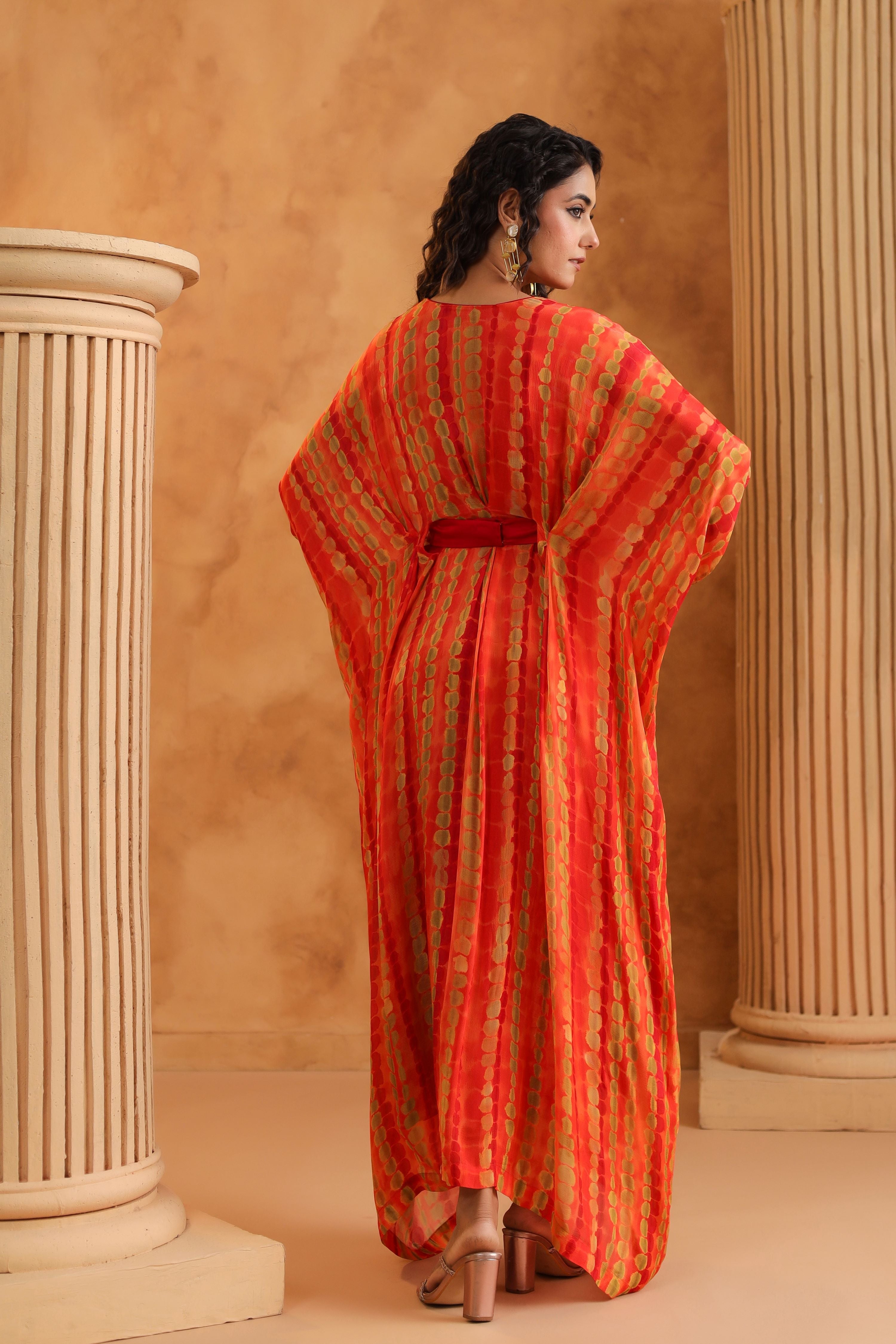 Orange Printed Chinon Silk Kaftan Style Dress