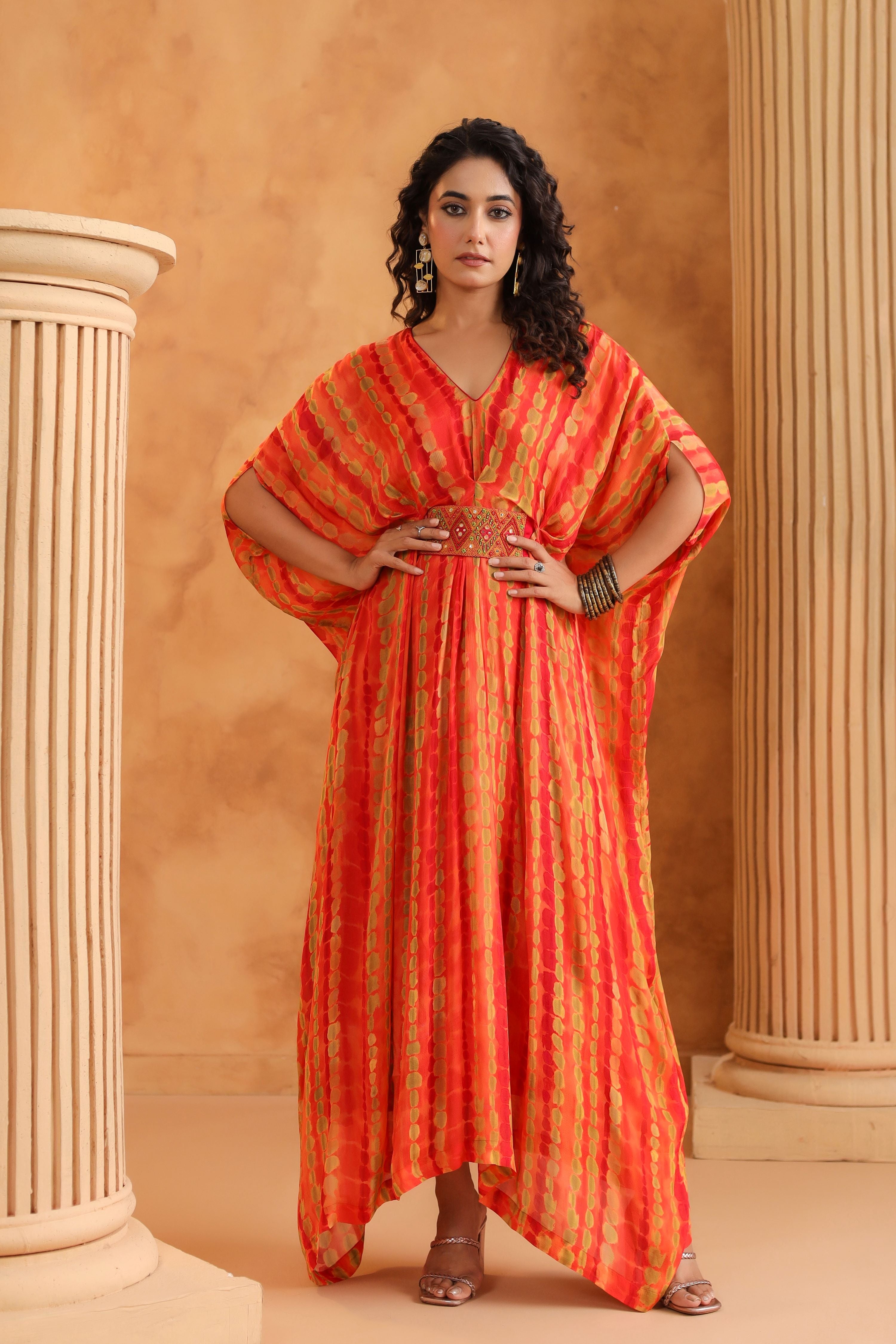 Orange Printed Chinon Silk Kaftan Style Dress