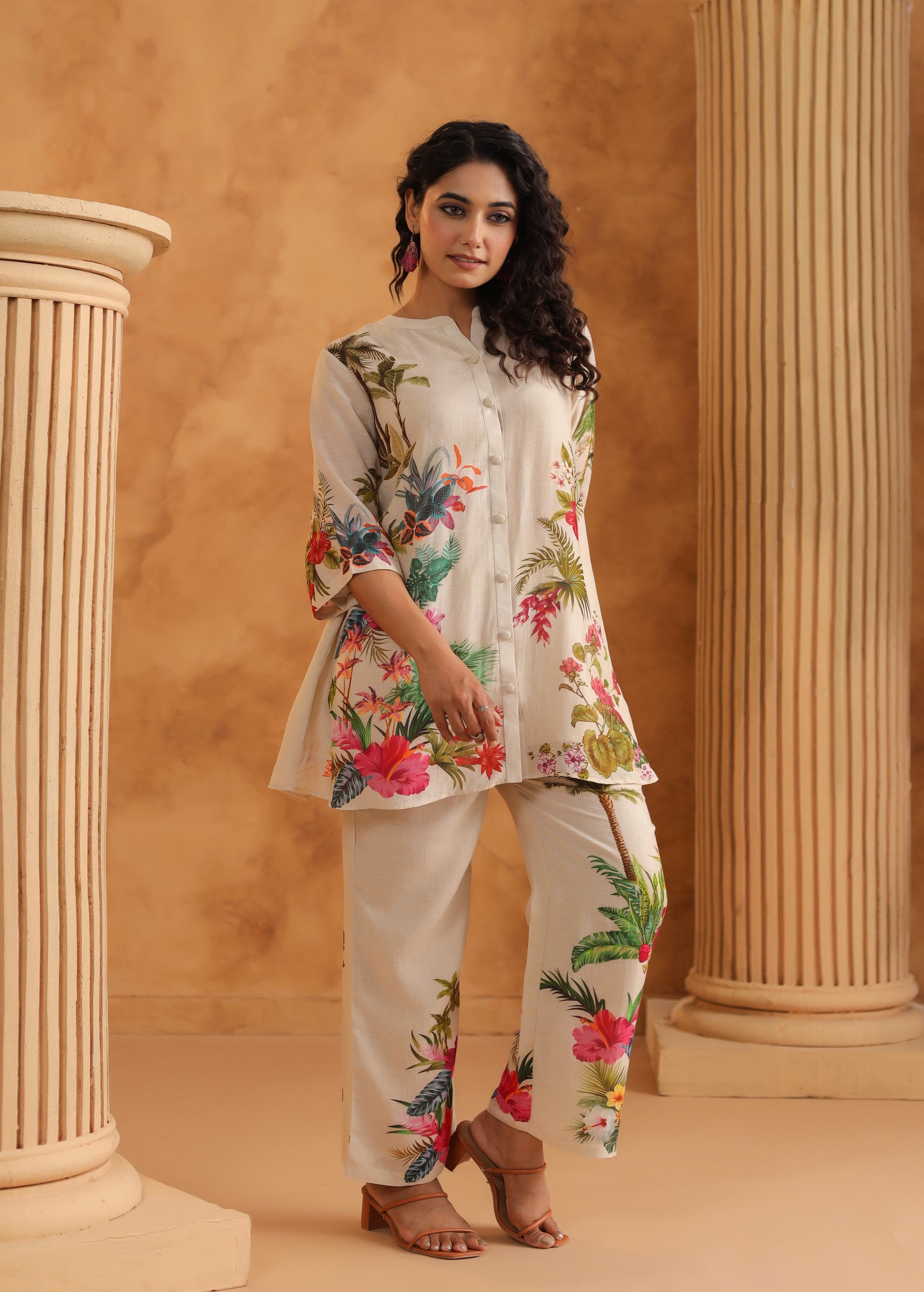 Cream White Floral Printed Pure Linen Co-Ord Set