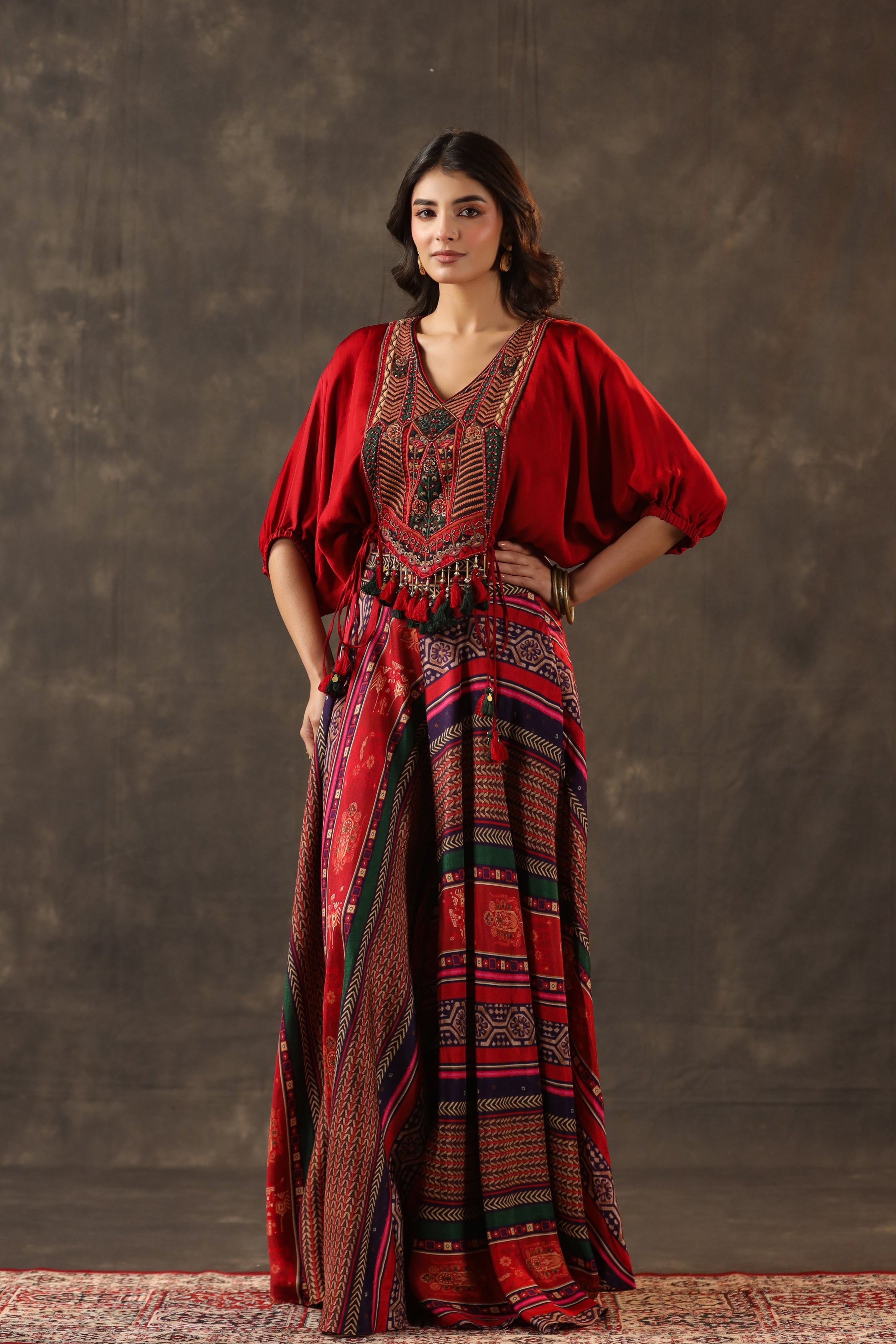 Ruby Red Embellished Crepe Silk Palazzo Set