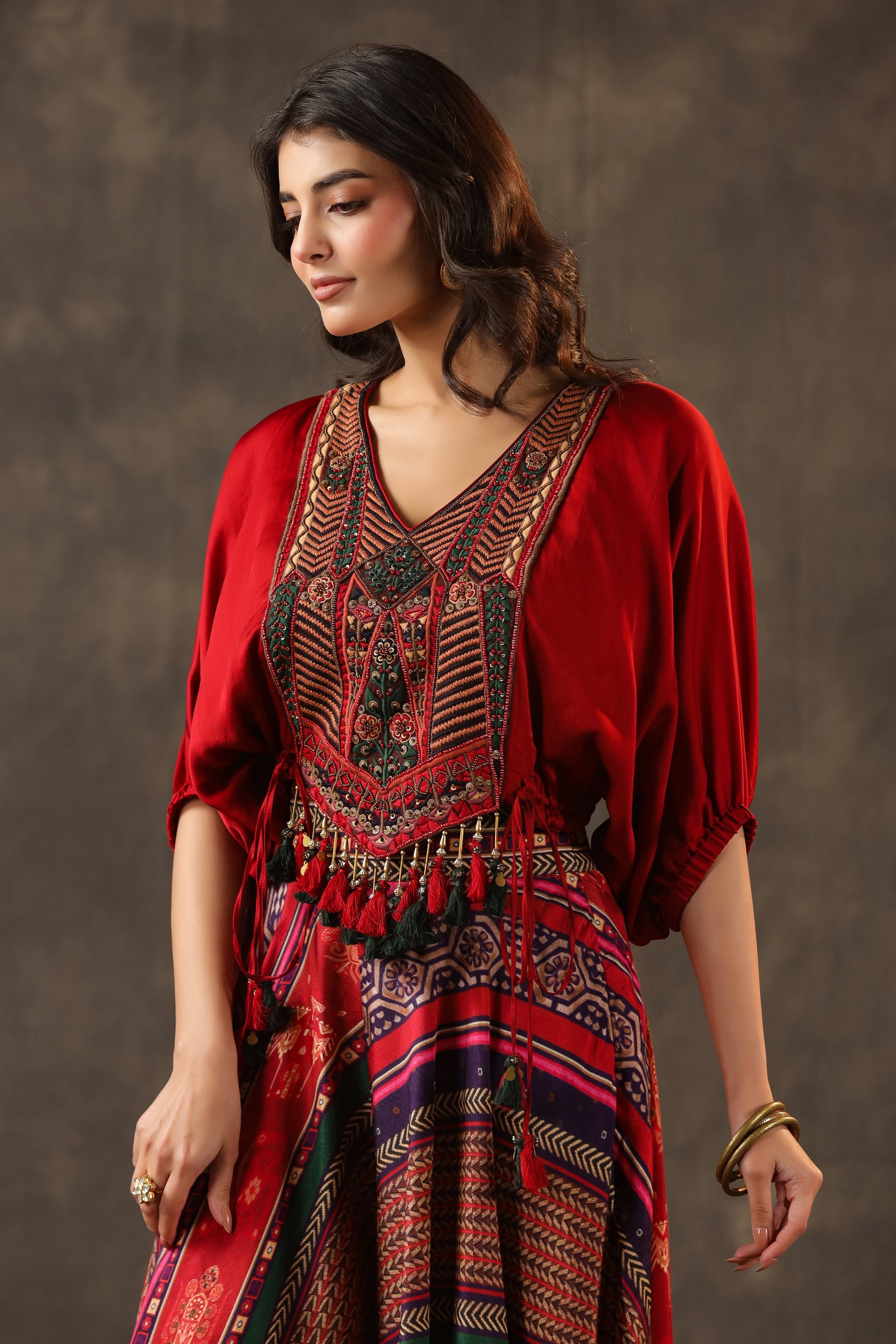 Ruby Red Embellished Crepe Silk Palazzo Set