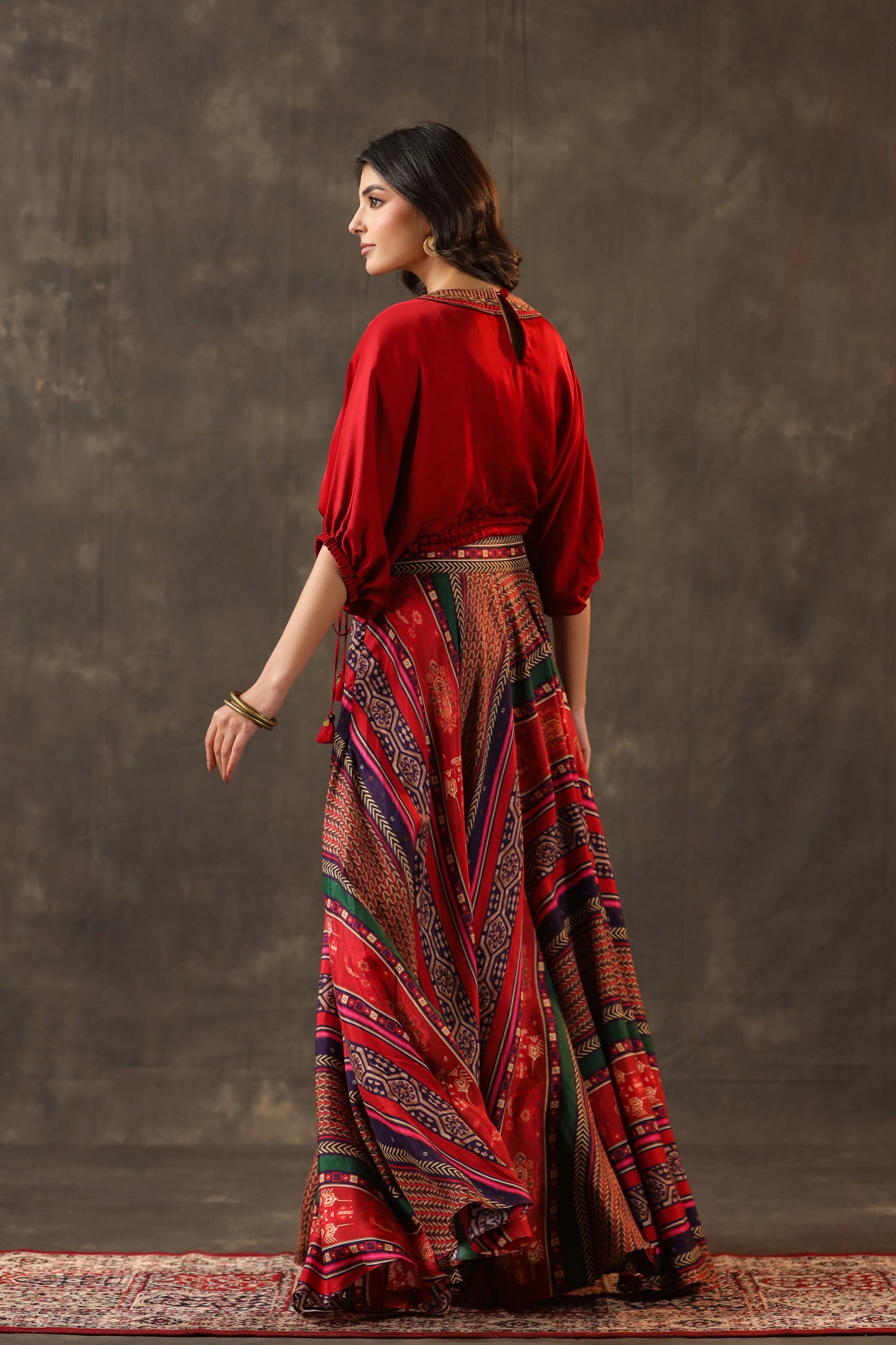 Ruby Red Embellished Crepe Silk Palazzo Set