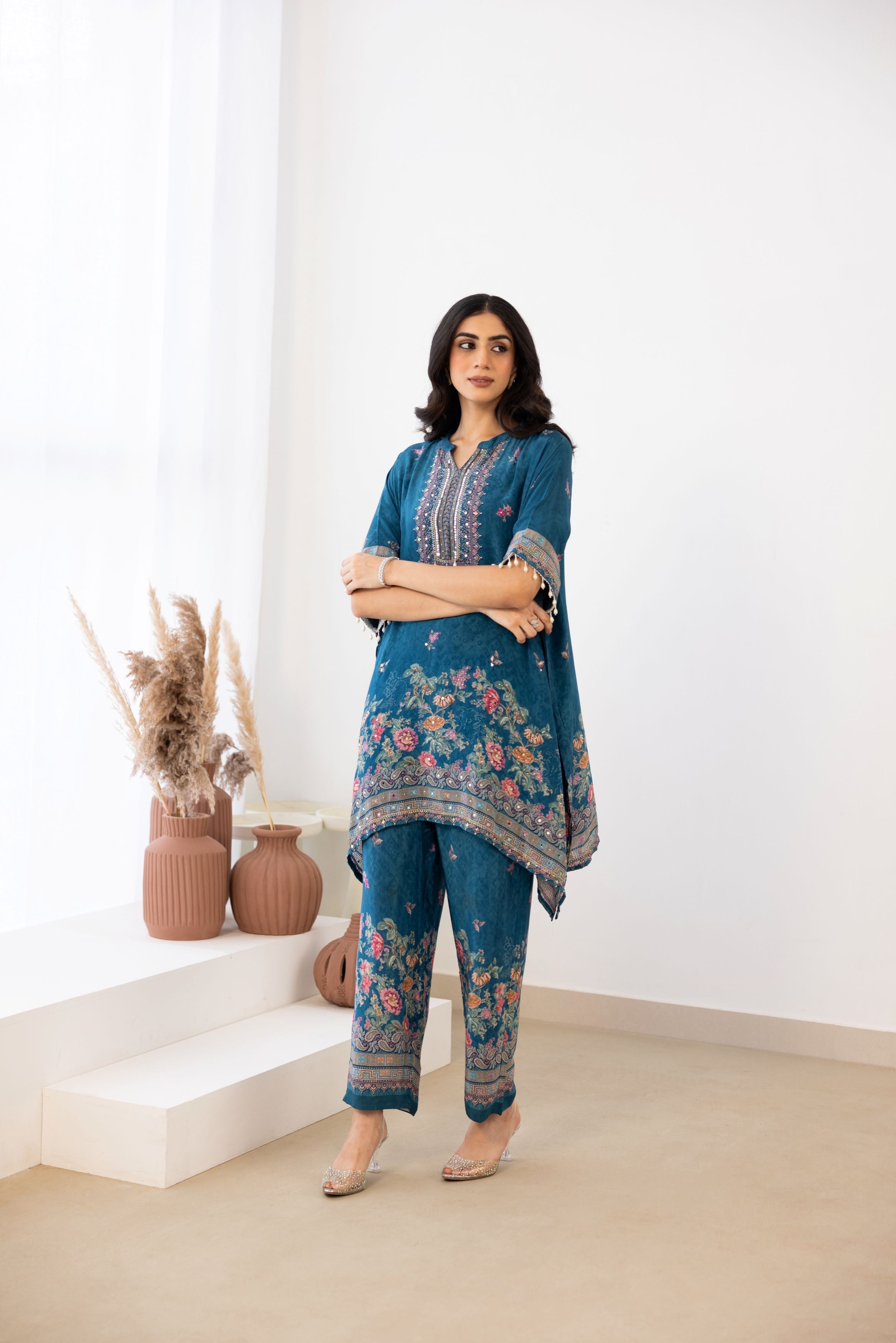 Peacock Blue Embellished Crepe Silk Co-Ord Set