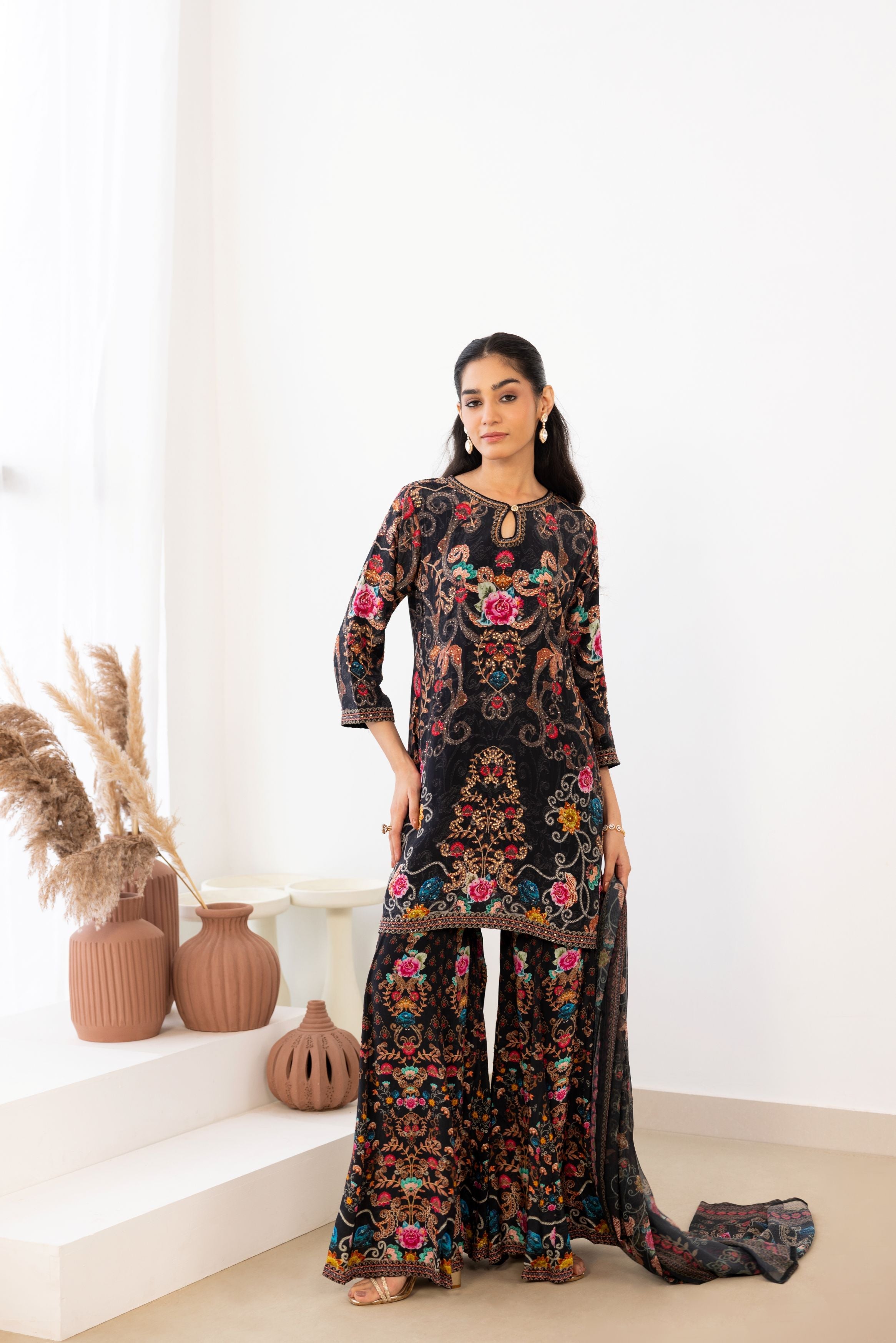 Charcoal Black Crepe Silk Sharara Set