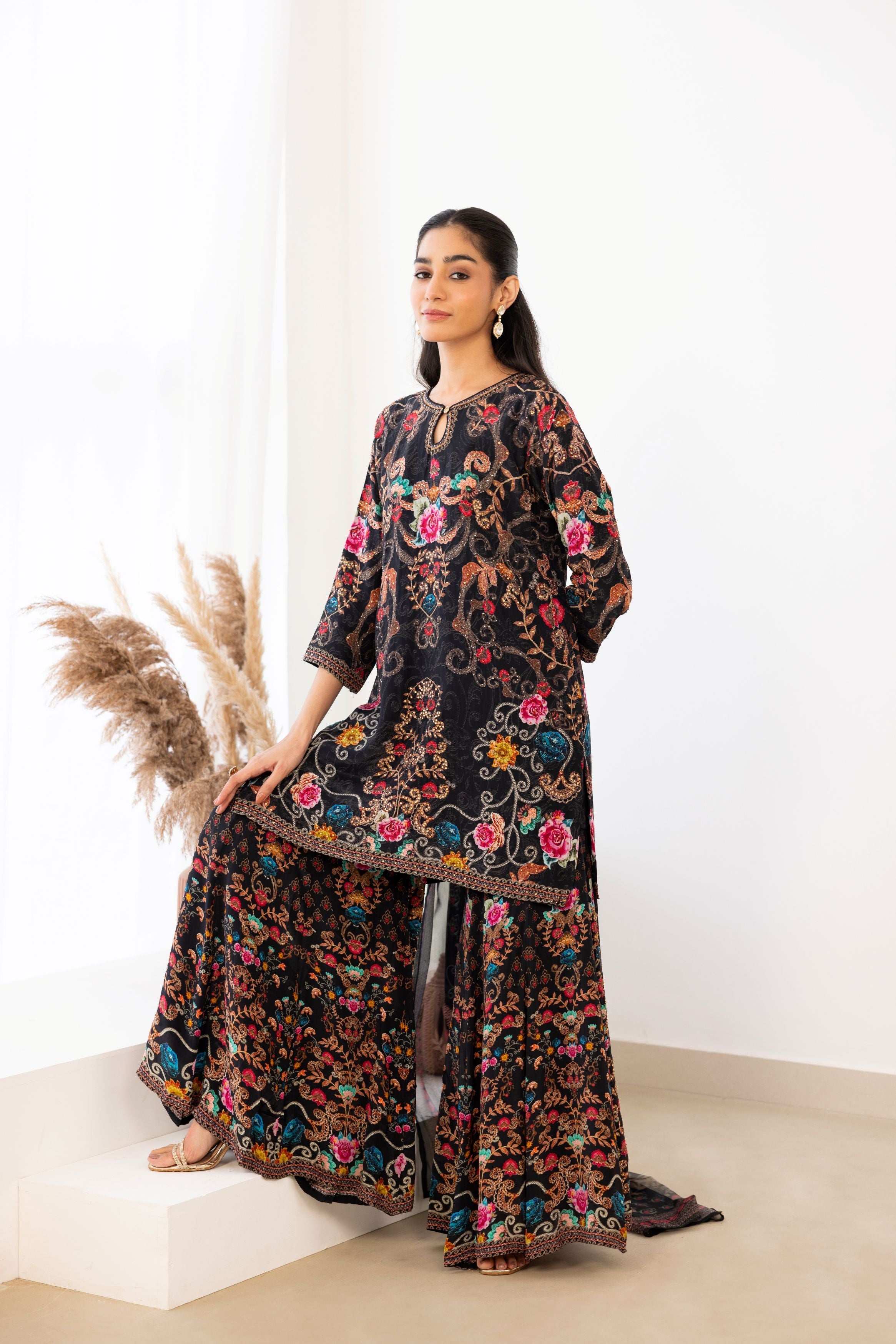 Charcoal Black Crepe Silk Sharara Set