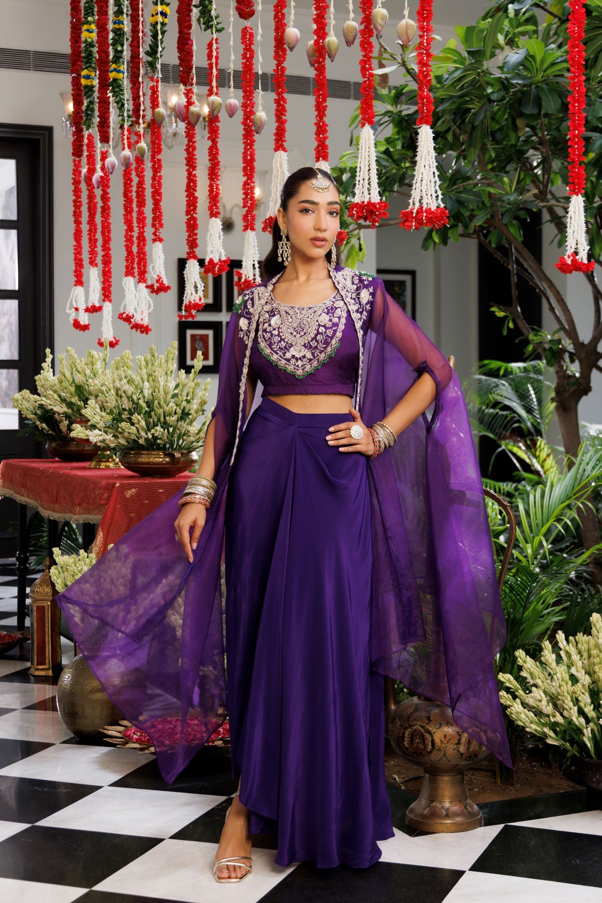 Royal Purple Embellished Organza Silk Cape Set